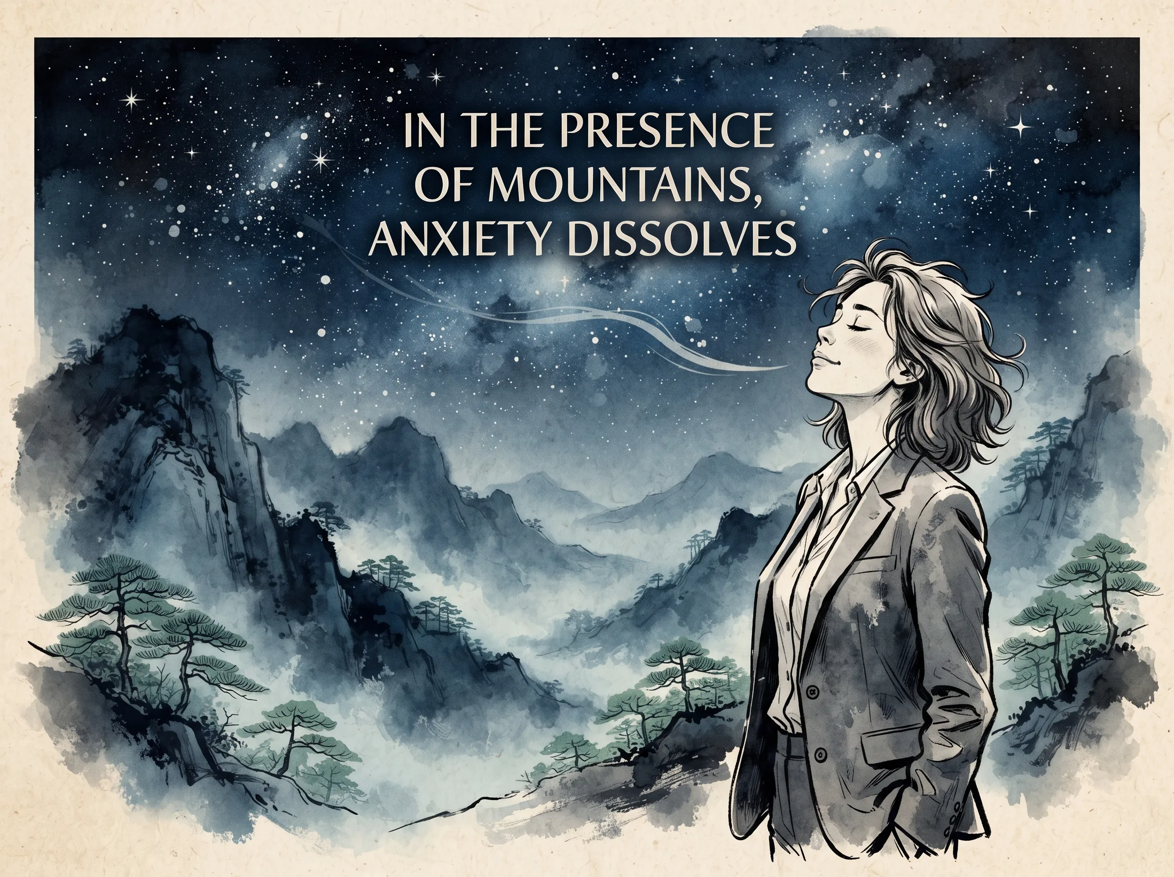 a modern stressed person standing at an open scenic mountain overlook, taking off their glasses and exhaling a long sigh of relief as cool mountain fog sweeps across gigantic valleys under an infinite starry sky, deep Prussian blue mountain abysses and night shadows in contemporary literati Chinese ink wash in deep Prussian blue and sage green with ample Xuan paper negative space, illustrating in the presence of mountains, anxiety dissolves, embodying 敬畏治愈现代焦虑：仰望亿万年巍然耸立的群山与星河，意识到个人的烦恼与得失不过是宇宙一瞬，紧绷的神经在无垠崇高中豁然释怀 on ChiDestiny