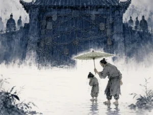 Cloth-clad commoner holding an oil-paper umbrella over a shivering child in cold rain before closed iron-chained official gates in striking moral narrative wash contrasting dark institutional chains with warm protective umbrella shelter, illustrating the Xia ethos of personal justice taking responsibility when formal institutions falter on ChiDestiny