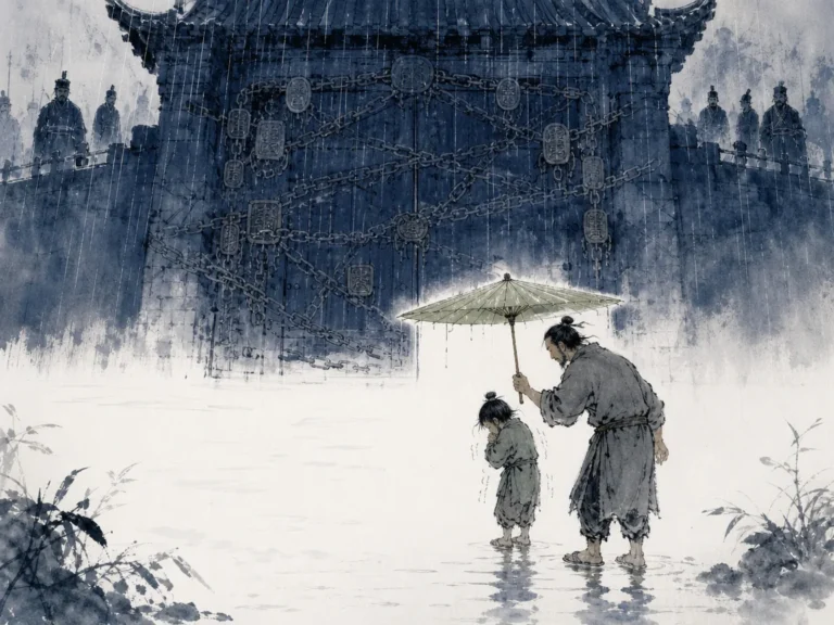 Cloth-clad commoner holding an oil-paper umbrella over a shivering child in cold rain before closed iron-chained official gates in striking moral narrative wash contrasting dark institutional chains with warm protective umbrella shelter, illustrating the Xia ethos of personal justice taking responsibility when formal institutions falter on ChiDestiny