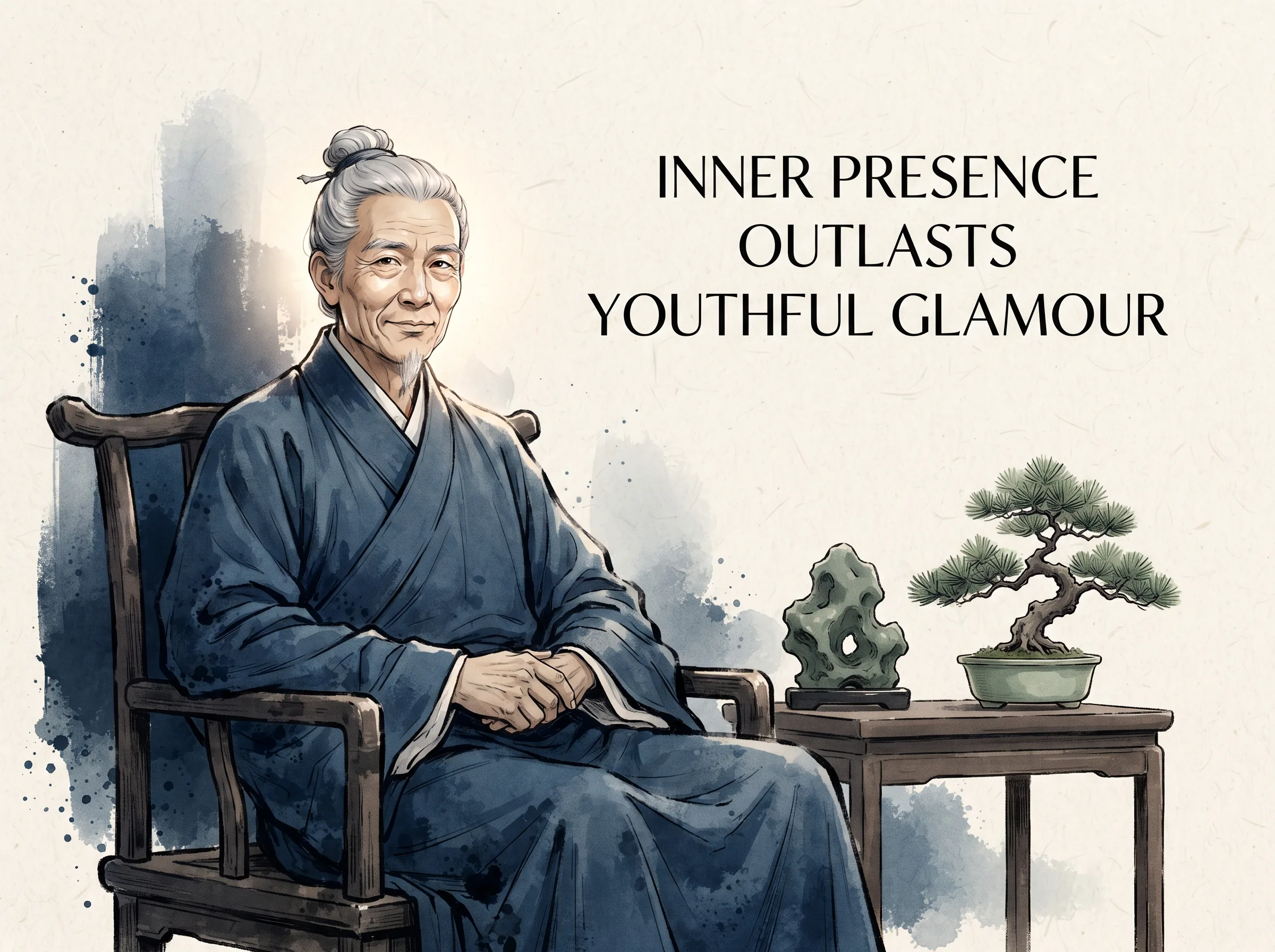a dignified elderly scholar with silver hair and weathered laugh lines sitting serenely in a wooden armchair, a quiet invisible luminous aura radiating from within his calm gaze, deep Prussian blue robes and background shadow in contemporary literati Chinese ink wash in deep Prussian blue and sage green with ample Xuan paper negative space, illustrating inner presence outlasts youthful glamour, embodying 皮相易老而骨相长青：一位历经风霜的老者端坐，面庞刻着岁月纹路，双眸却如深潭般宁静笃定，周身散发出深厚的人格魅力与隐微气场 on ChiDestiny