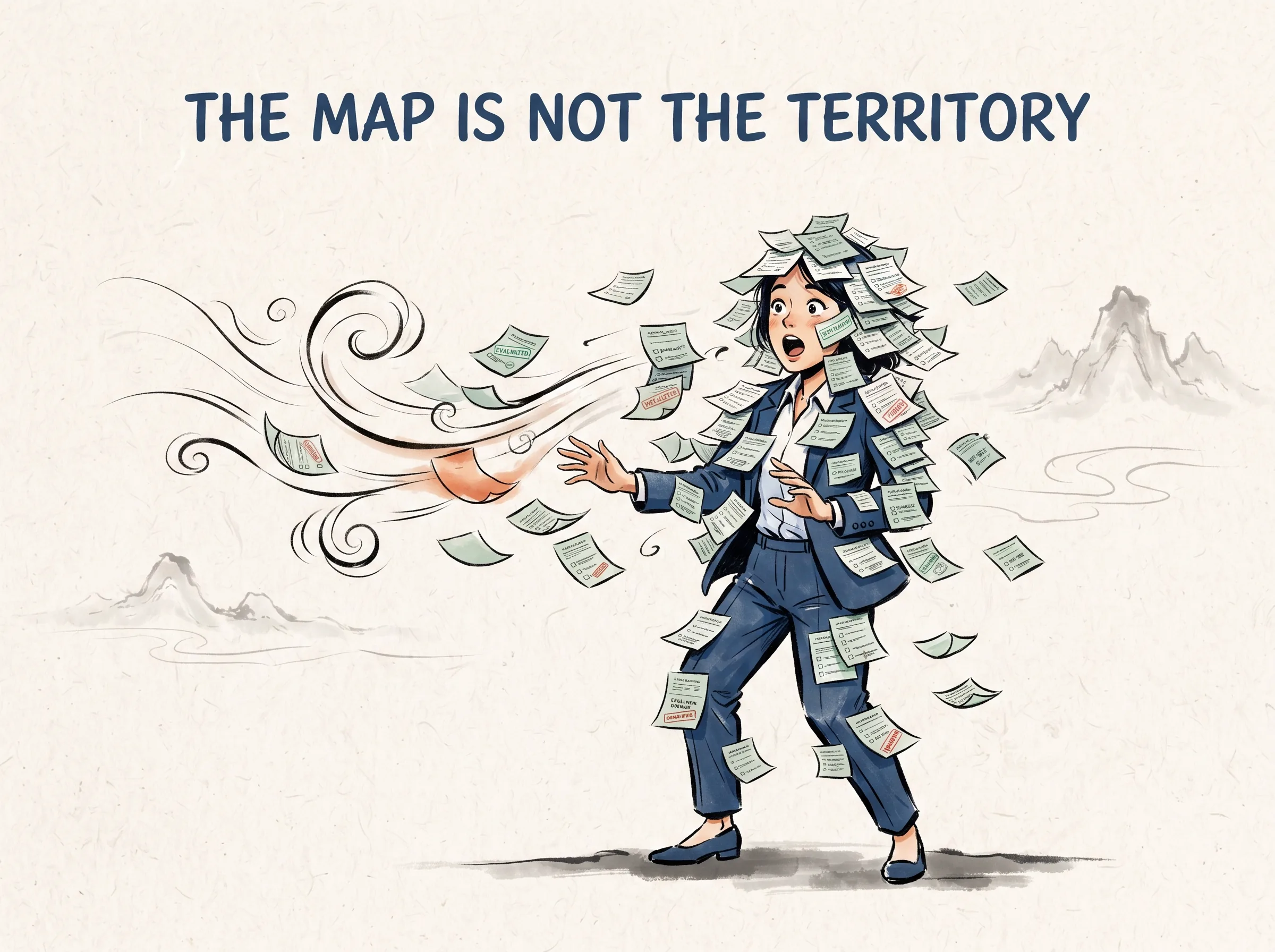 THE MAP IS NOT THE TERRITORY in contemporary literati Chinese ink cartoon style with Prussian blue ink wash, sage green accents, and Xuan paper negative space, illustrating 地图非疆域之困：现代人被各种履历标签、绩效评级和职业头衔的纸条层层贴满周身，如同被便签纸包裹的木偶，误以为便签就是真实的自我, embodying 在 '## Why Language Is a Map, Not the Territory' 核心论述段落后 on ChiDestiny