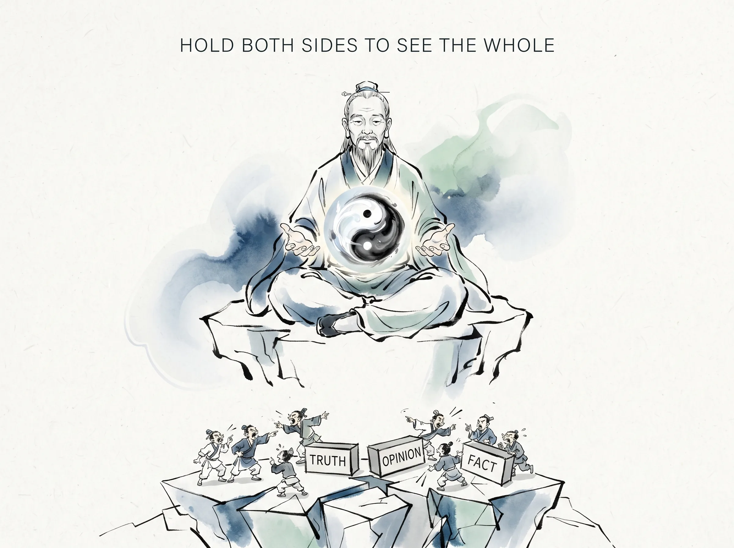 HOLD BOTH SIDES TO SEE THE WHOLE in contemporary literati Chinese ink cartoon style with Prussian blue ink wash, sage green accents, and Xuan paper negative space, illustrating 执两用中超越二元：老者手托黑白太极般流转的水墨清气，静观众生在非黑即白的名相争论中疲于奔命，唯有不滞于二元才能照见全貌, embodying 在 '## Beyond Binary Thinking: Holding Both Sides' 核心论述段落后 on ChiDestiny