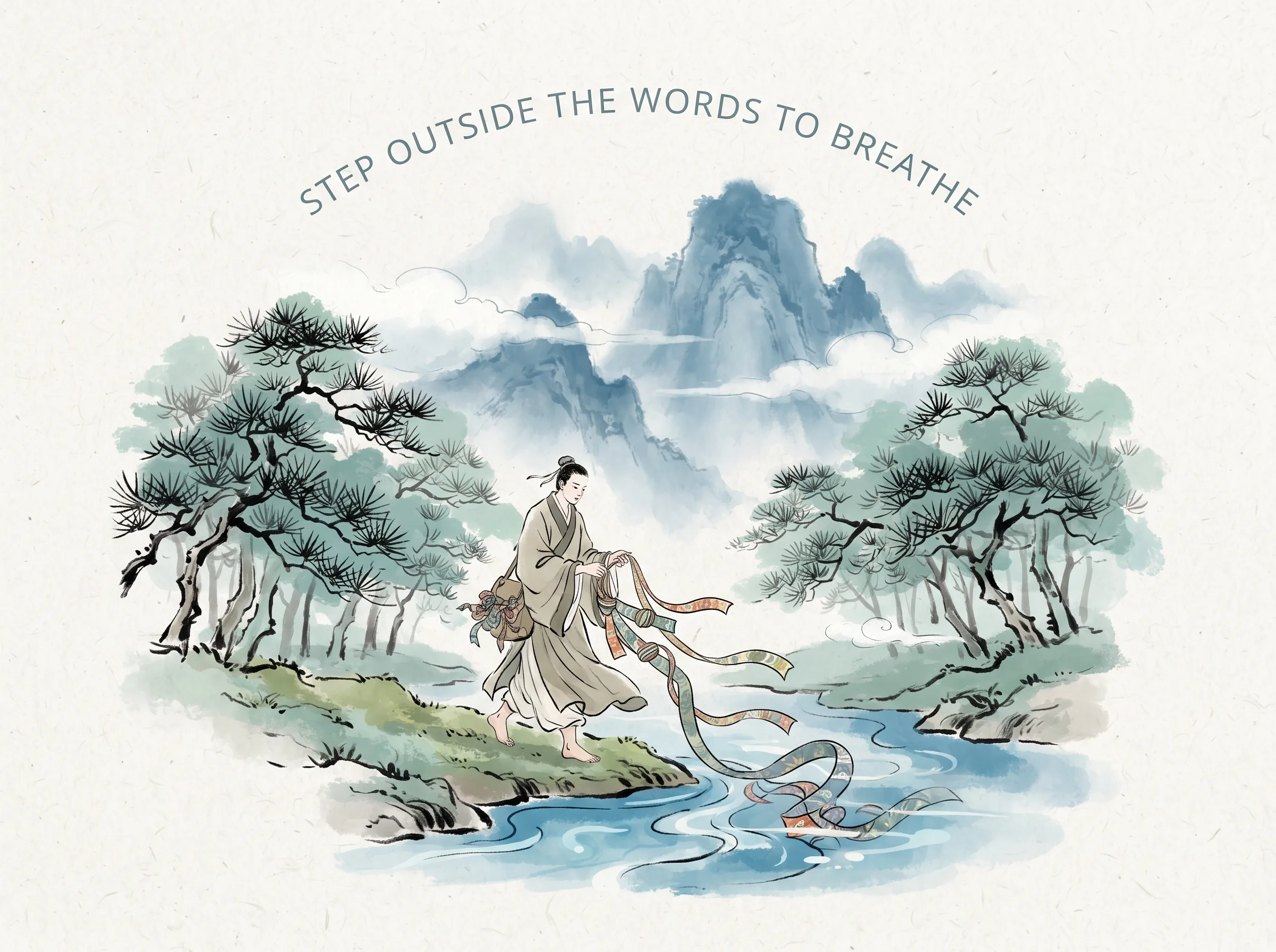 STEP OUTSIDE THE WORDS TO BREATHE in contemporary literati Chinese ink cartoon style with Prussian blue ink wash, sage green accents, and Xuan paper negative space, illustrating 撕下标签回归清白：行者解开沉重的名利丝绦，赤足漫步在空山松林之间，大口呼吸没有定义的清冽空气，神态舒展澄澈, embodying 在 '## Practical Exercises for Stepping Outside Labels' 核心论述段落后 on ChiDestiny