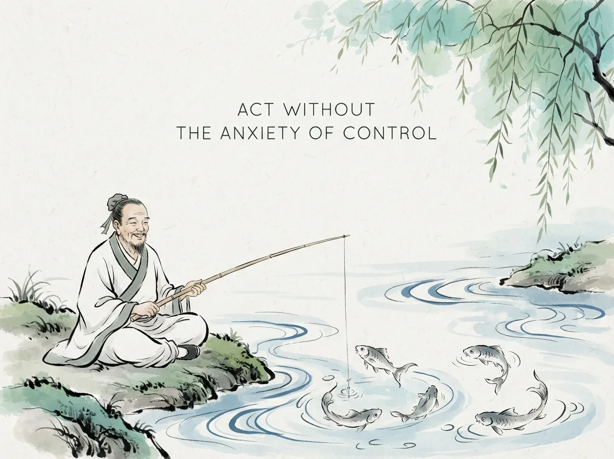 ACT WITHOUT THE ANXIETY OF CONTROL in contemporary literati Chinese ink cartoon style with Prussian blue ink wash, sage green accents, and Xuan paper negative space, illustrating 处无为之事行不言之教：智者静坐江边垂钓，钓钩无饵而游鱼从容相伴，不以掌控为念，万物却自然汇聚亲和, embodying 在 '## Wuwei: Acting Without the Anxiety of Control' 核心论述段落后 on ChiDestiny