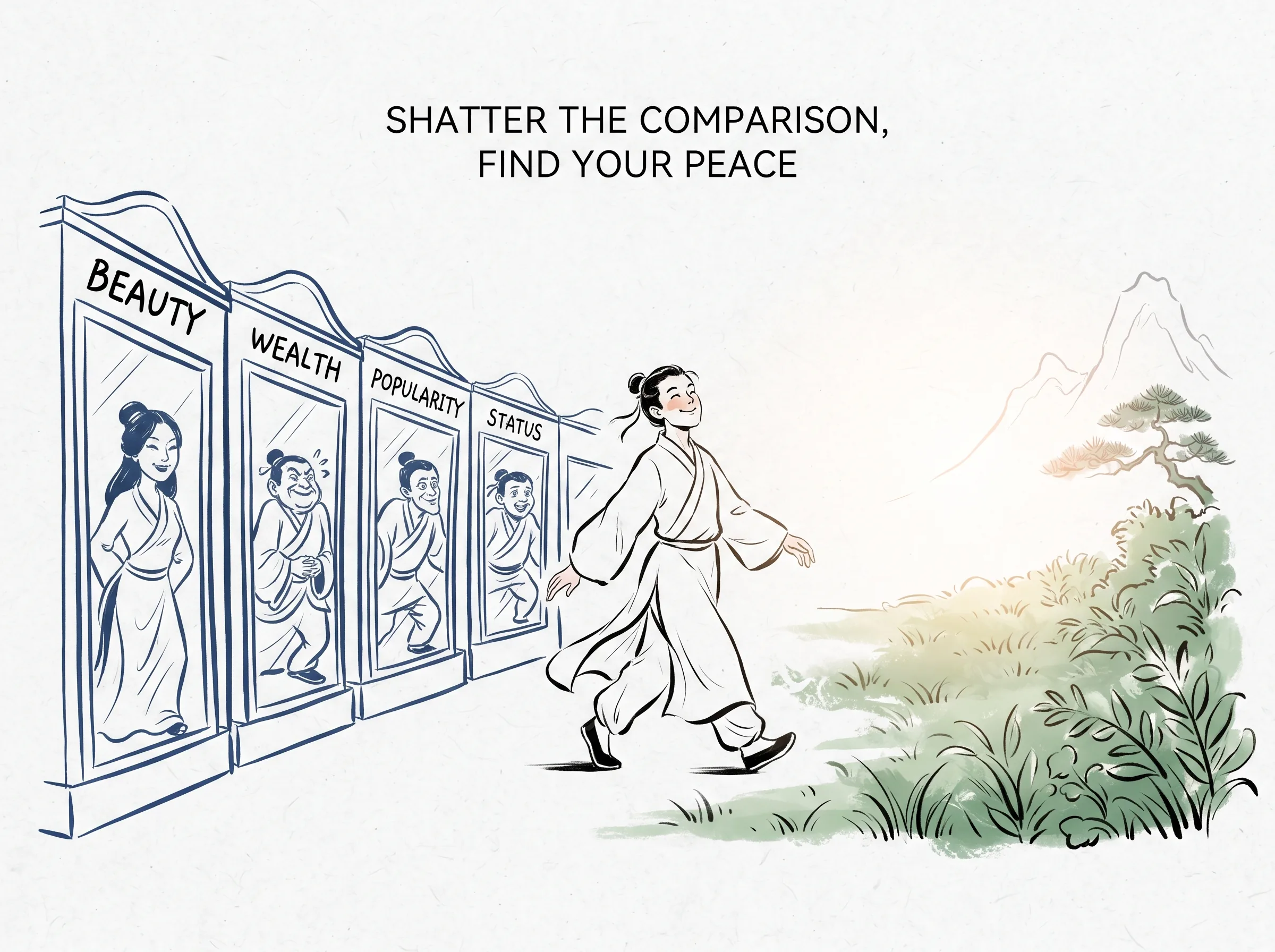 SHATTER THE COMPARISON, FIND YOUR PEACE in contemporary literati Chinese ink cartoon style with Prussian blue ink wash, sage green accents, and Xuan paper negative space, illustrating 打破比较的哈哈镜：画中人面对一排拉长压扁的扭曲镜子释然一笑，转身走出展厅，在温暖阳光下接纳最真实的朴素模样, embodying 在 '## Practical Steps Toward Liberation from Comparative Suffering' 核心论述段落后 on ChiDestiny