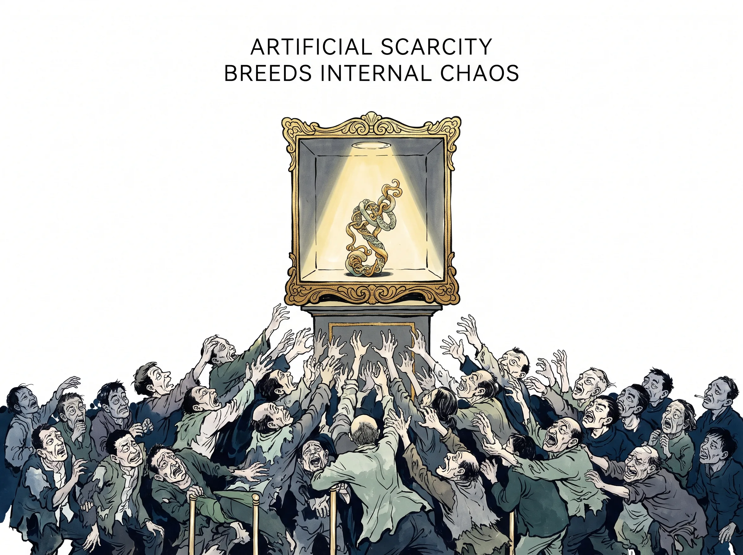 ARTIFICIAL SCARCITY BREEDS INTERNAL CHAOS in contemporary literati Chinese ink cartoon style with Prussian blue ink wash, sage green accents, and Xuan paper negative space, illustrating 难得之货使民为盗：橱窗里被射灯照耀的昂贵奢侈品发出眩目光环，引得橱窗外的人们面色焦躁、争相攀比，心神彻底被外物牵引, embodying 在 '## Why You Feel Behind Even When You Have Enough' 核心论述段落后 on ChiDestiny