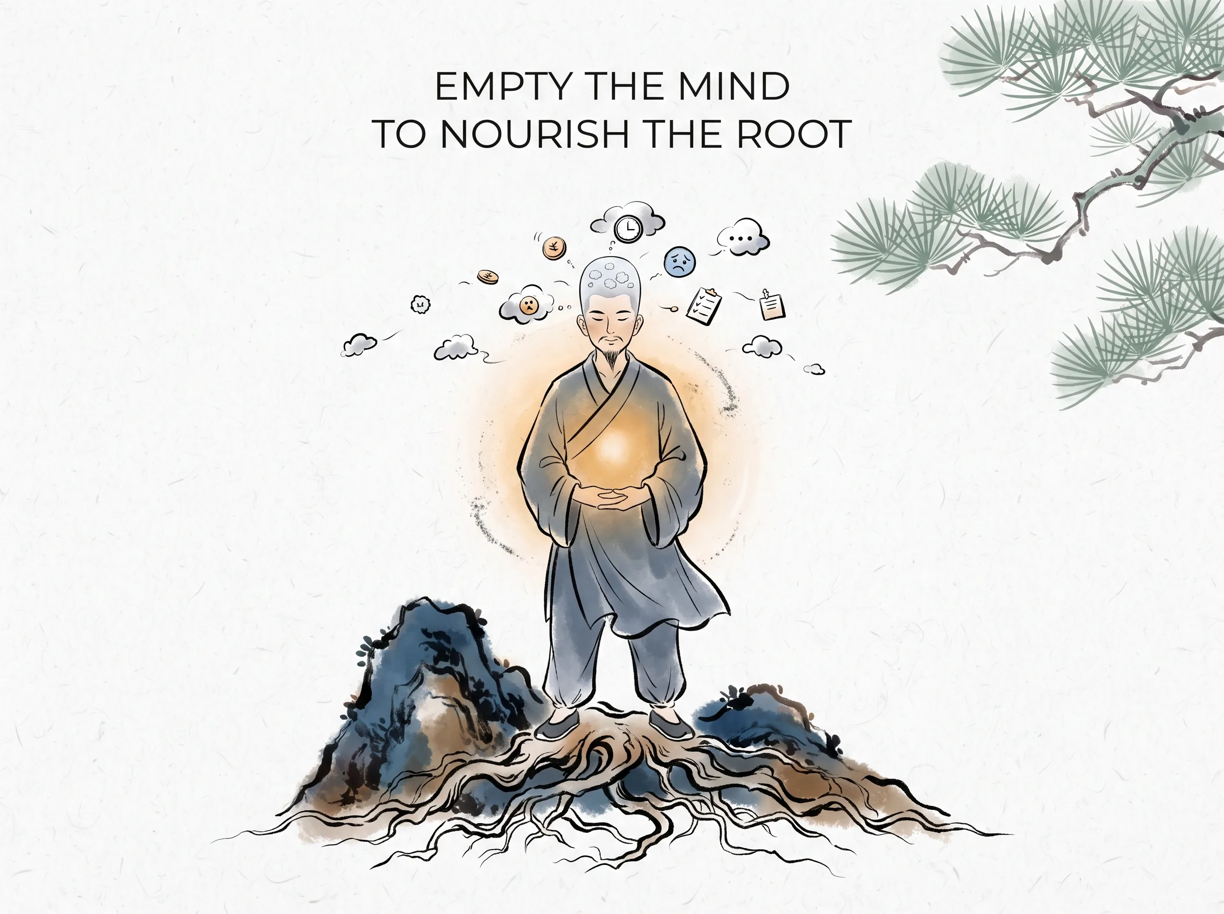 EMPTY THE MIND TO NOURISH THE ROOT in contemporary literati Chinese ink cartoon style with Prussian blue ink wash, sage green accents, and Xuan paper negative space, illustrating 虚其心实其腹弱其志强其骨：修道者清空脑中杂乱纷扰的欲望算计，腹中真气饱满，筋骨扎实，步履如松树般沉稳有力, embodying 在 '## The Sage's Four Moves for Inner Order' 核心论述段落后 on ChiDestiny
