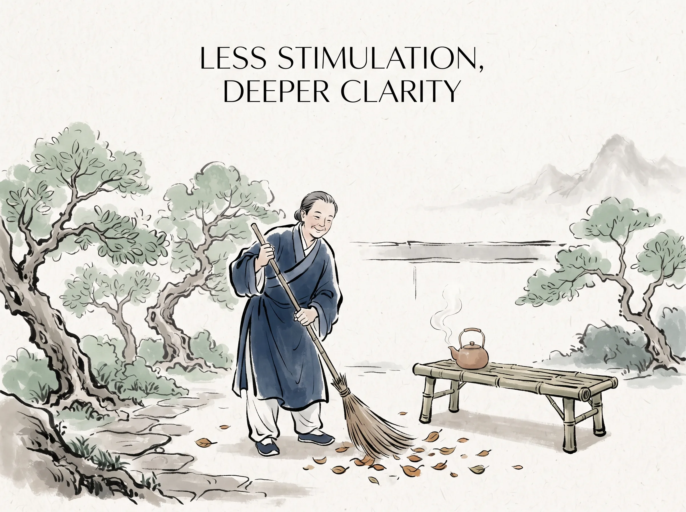 LESS STIMULATION, DEEPER CLARITY in contemporary literati Chinese ink cartoon style with Prussian blue ink wash, sage green accents, and Xuan paper negative space, illustrating 为无为则无不治：回归简单的一箪食一瓢饮，清晨扫院烹茶，不被外界排行榜绑架的生活，反而焕发出秩序与清安, embodying 在 '## What This Means for You This Week' 核心论述段落后 on ChiDestiny