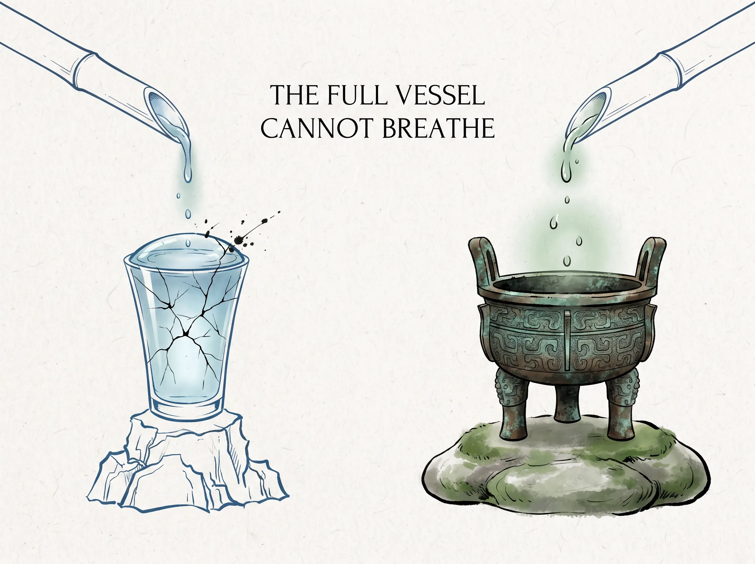 THE FULL VESSEL CANNOT BREATHE in contemporary literati Chinese ink cartoon style with Prussian blue ink wash, sage green accents, and Xuan paper negative space, illustrating 满溢之器与虚空之器：满得快要溢出的水罐一碰即翻、疲惫不堪，而中空的古鼎深潭却能包容万流，源源不断奔涌出清泉, embodying 在 '## The Hollow Mind: Why Modern Life Feels So Exhausting' 核心论述段落后 on ChiDestiny