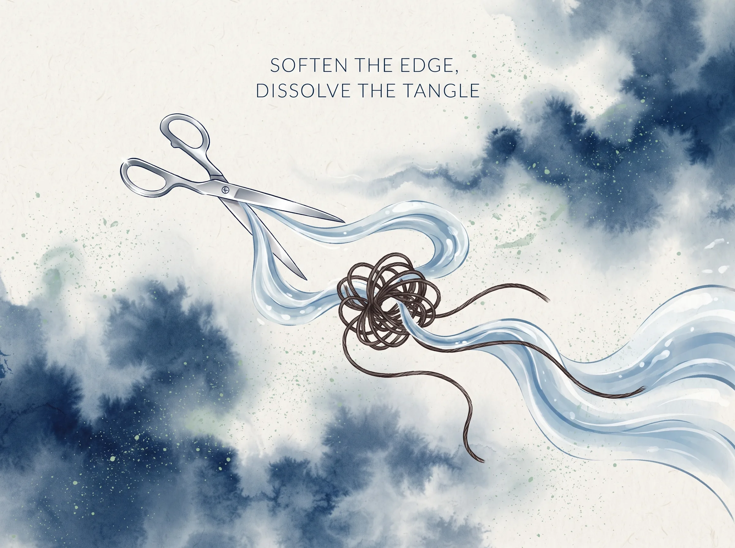 SOFTEN THE EDGE, DISSOLVE THE TANGLE in contemporary literati Chinese ink cartoon style with Prussian blue ink wash, sage green accents, and Xuan paper negative space, illustrating 挫其锐解其纷和其光同其尘：锋利的宝剑收敛尖芒，纷乱的乱麻被微风徐徐解开，智者与天地万物浑然同尘，不刺眼却长存, embodying 在 '## Four Instructions for Cultivating Inner Strength' 核心论述段落后 on ChiDestiny