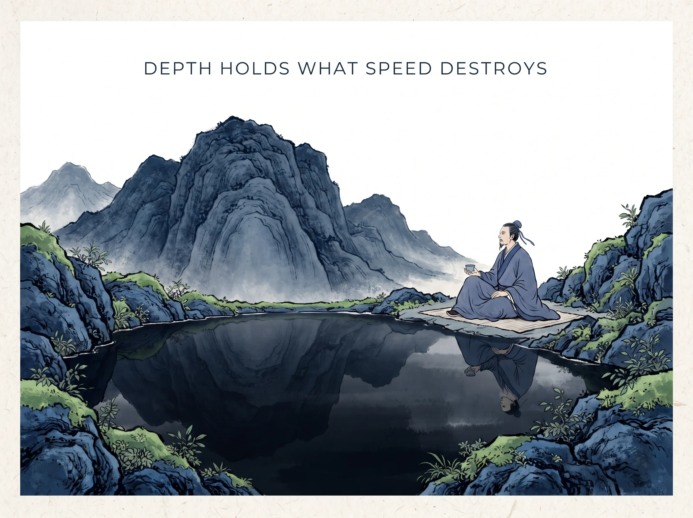 DEPTH HOLDS WHAT SPEED DESTROYS in contemporary literati Chinese ink cartoon style with Prussian blue ink wash, sage green accents, and Xuan paper negative space, illustrating 深潭含光渊兮似宗：行者端坐在静水深潭边，潭水清澈见底却又深不见底，外表平静如镜，内在蓄积着磅礴恒久的生命力量, embodying 在 '## Practical Steps: From Reading to Practice' 核心论述段落后 on ChiDestiny