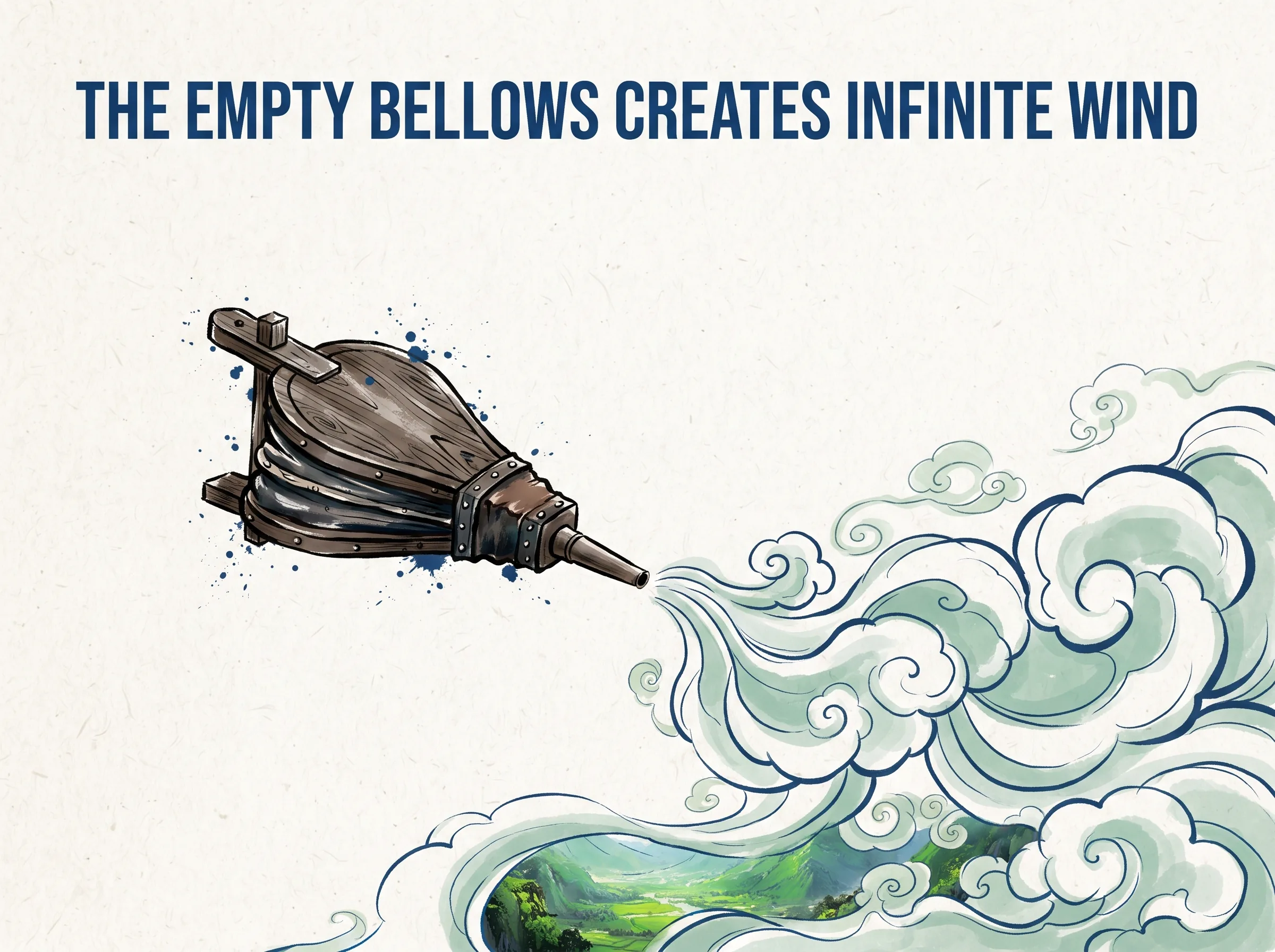 ONLY STILL WATER REFLECTS THE TRUTH in contemporary literati Chinese ink cartoon style with Prussian blue ink wash, sage green accents, and Xuan paper negative space, illustrating 镜面与静水：焦躁的人在狂风涌起的波浪中照镜子，只见破碎惊惶的倒影；唯有一潭深山止水波澜不惊，清晰倒映出真实的飞鸟流云, embodying 在 '## What Does It Mean to Have Inner Coherence (*Dé Chōng*, 德充) Today?' 核心论述段落后 on ChiDestiny