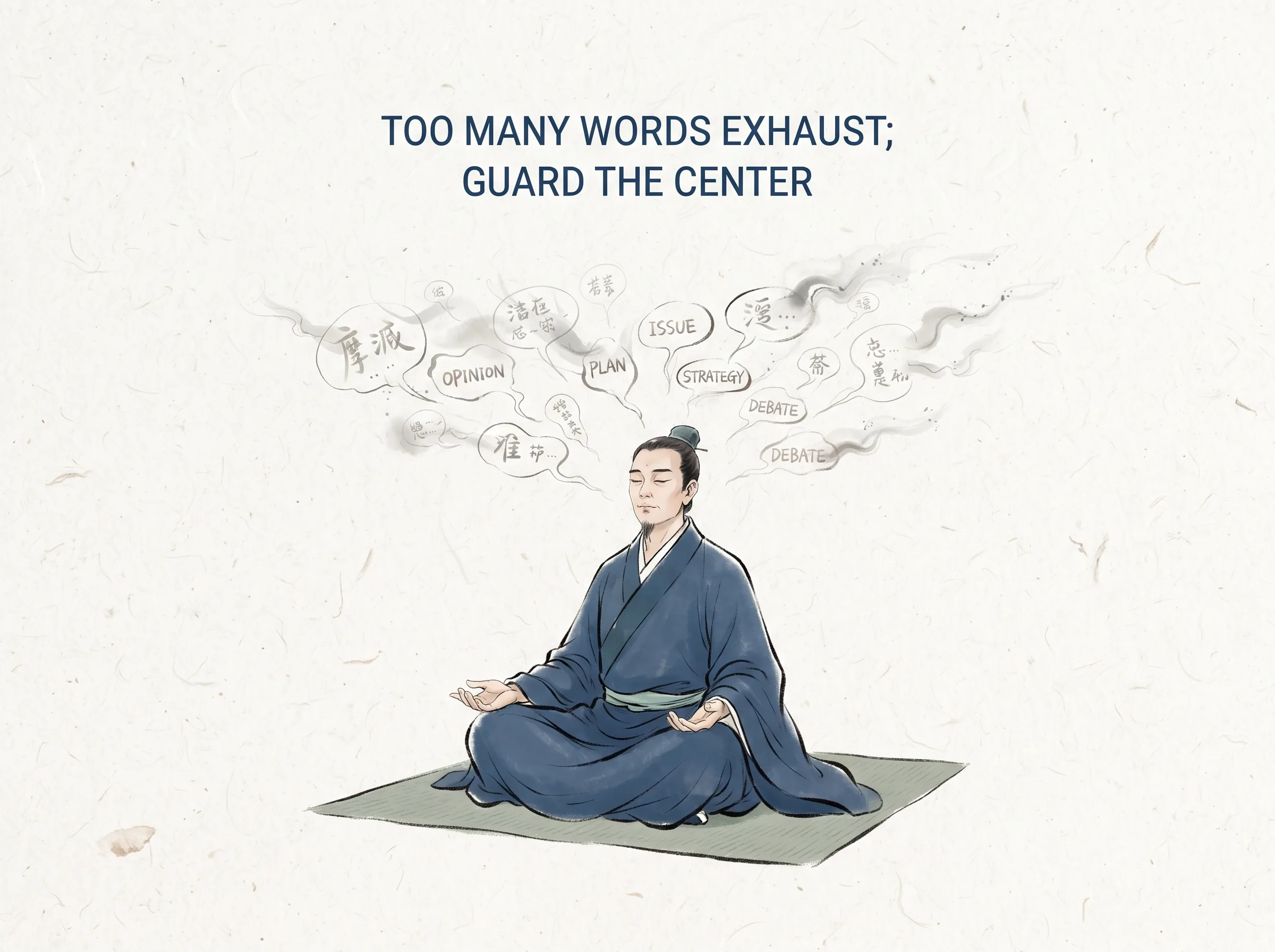 FORGET THE SHELL TO REVEAL THE VIRTUE in contemporary literati Chinese ink cartoon style with Prussian blue ink wash, sage green accents, and Xuan paper negative space, illustrating 德有所长而形有所忘：文人撕碎了身上紧绷的外在美貌与面具画卷，赤足站在大地青草之上，感受从内在涌现的饱满生机, embodying 在 '## A New Measure' 核心论述段落后 on ChiDestiny