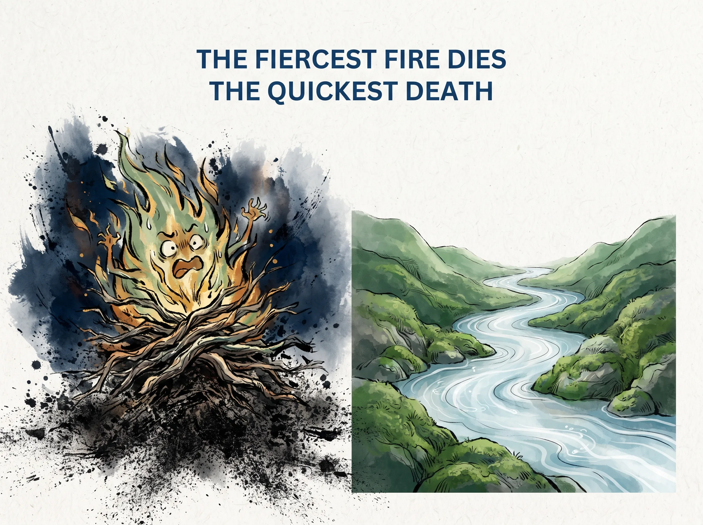THE FIERCEST FIRE DIES THE QUICKEST DEATH in contemporary literati Chinese ink cartoon style with Prussian blue ink wash, sage green accents, and Xuan paper negative space, illustrating 狂飙烈火难持久:狂风中的干柴烈火虽然火光冲天耀眼夺目,却在极短时间内烧成灰烬;而幽谷底部的涓涓细流历经万年依然奔流不息, embodying 在 '## The Modern Trap: Mistaking Burnout for Strength' 核心论述段落后 on ChiDestiny