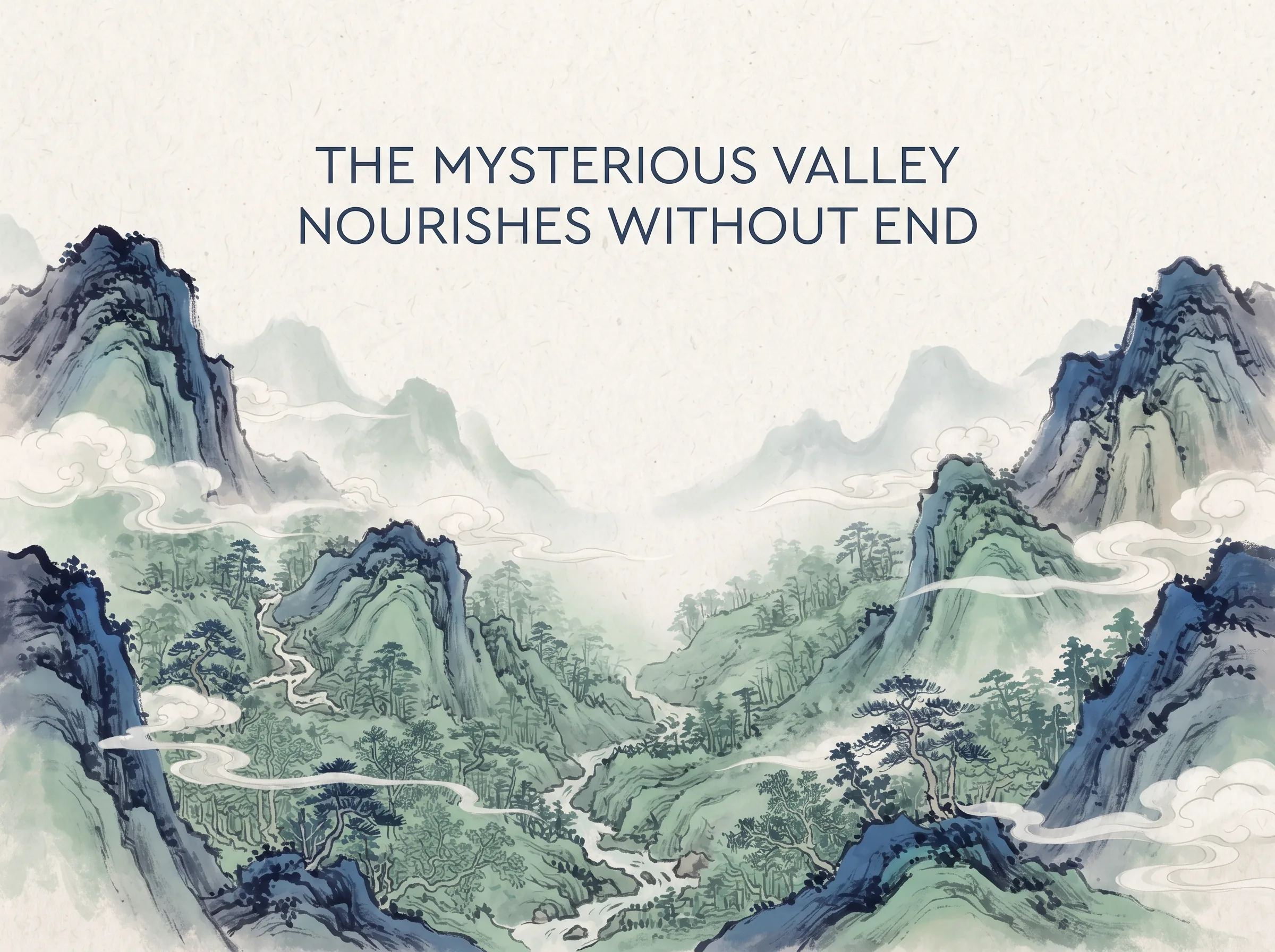 THE MYSTERIOUS VALLEY NOURISHES WITHOUT END in contemporary literati Chinese ink cartoon style with Prussian blue ink wash, sage green accents, and Xuan paper negative space, illustrating 玄牝之门天地之根:空旷幽深的幽谷宛如大地孕育万物的温床,绵绵若存,用之不勤,生命力在静谧接纳中源源不绝地涌现, embodying 在 '## Wuwei, Ziran, and Zhi-zhi in Everyday Practice' 核心论述段落后 on ChiDestiny