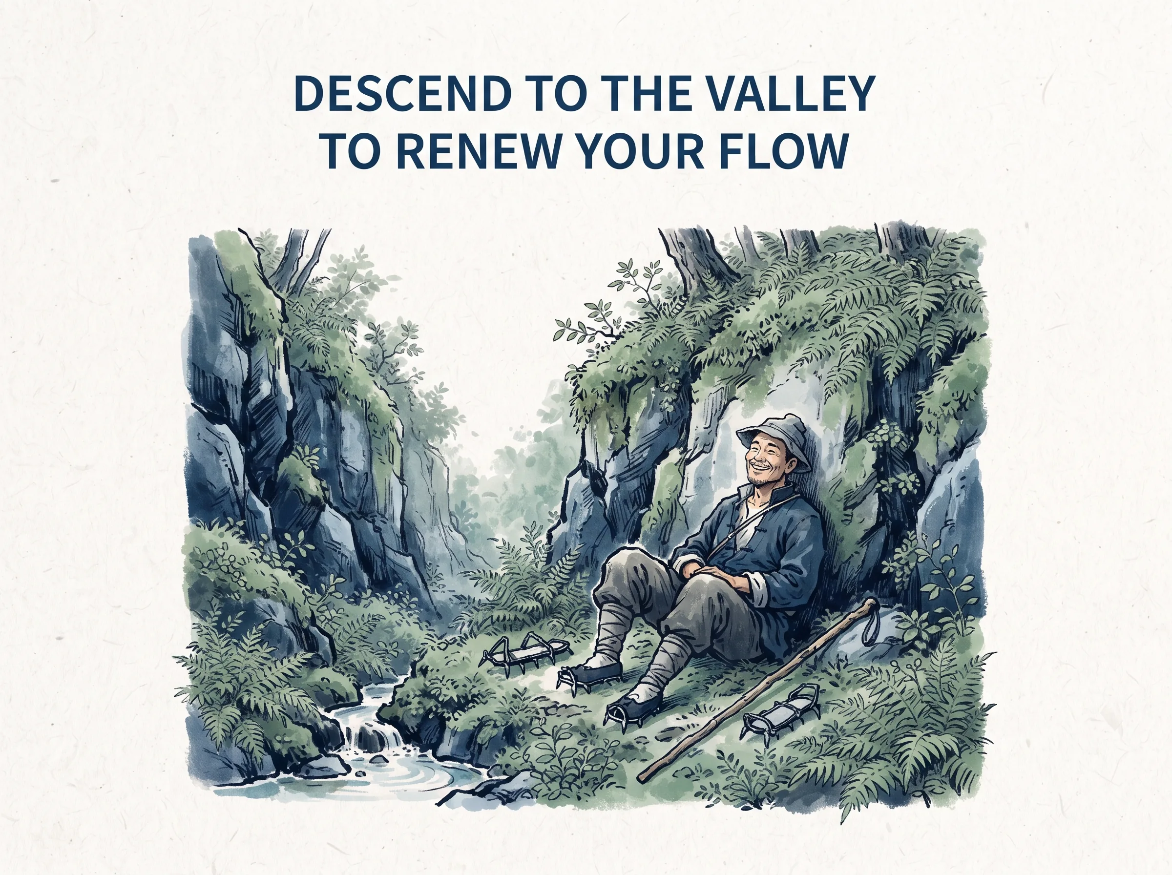 DESCEND TO THE VALLEY TO RENEW YOUR FLOW in contemporary literati Chinese ink cartoon style with Prussian blue ink wash, sage green accents, and Xuan paper negative space, illustrating 知白守黑返归幽谷:旅人从浮华喧嚣的烈日顶峰走下,步入清凉湿润的绿荫山谷,放下紧绷的攀登铁杖,重获松弛与生机, embodying 在 '## Returning to the Valley: A Practice, Not a Philosophy' 核心论述段落后 on ChiDestiny