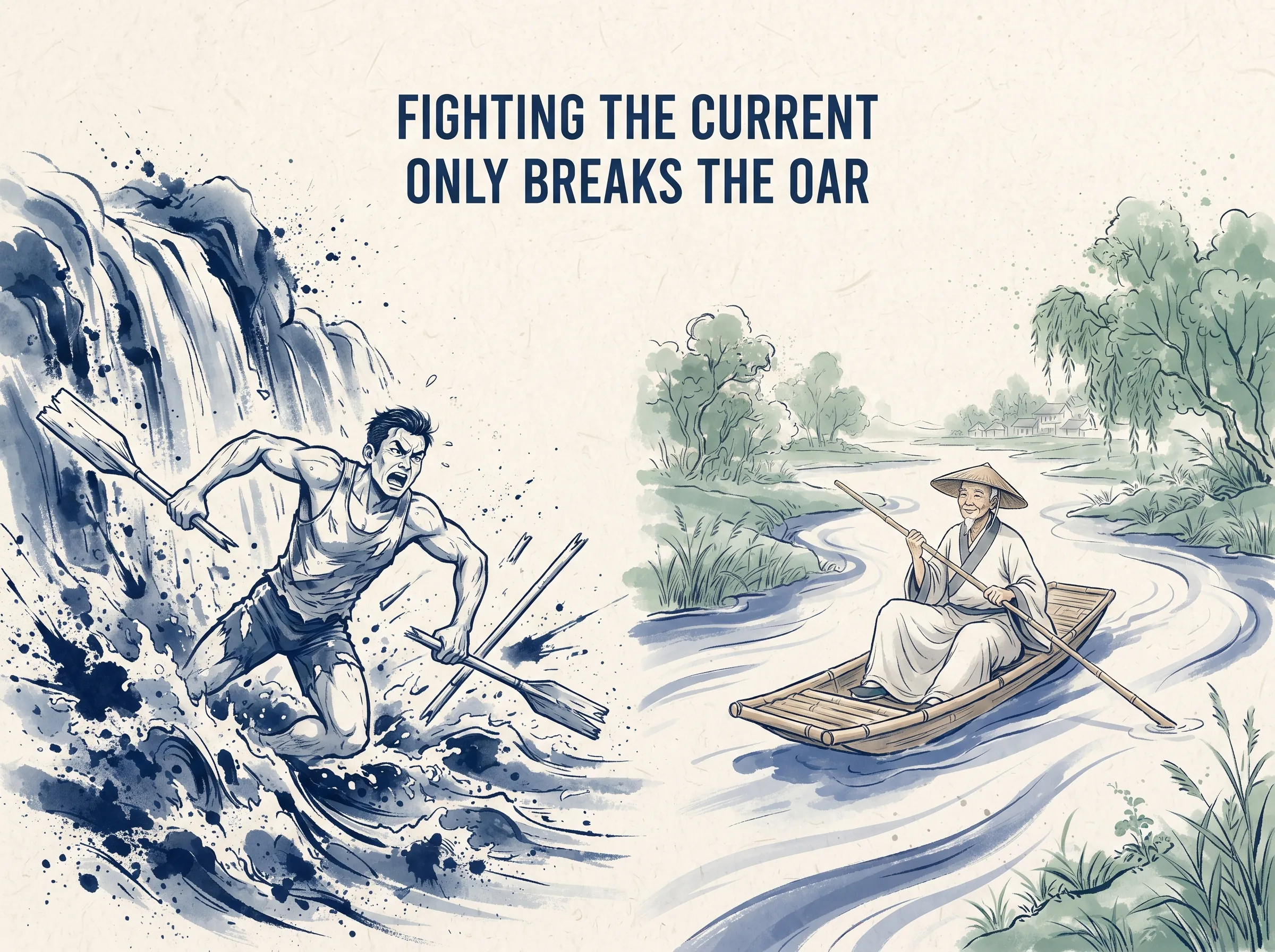 FIGHTING THE CURRENT ONLY BREAKS THE OAR in contemporary literati Chinese ink cartoon style with Prussian blue ink wash, sage green accents, and Xuan paper negative space, illustrating 逆流而上的力竭：狂妄的游泳者硬要在湍急的瀑布逆流中强行向上搏击，撞得头破血流；而顺水行舟者只需轻摇双桨便日行千里, embodying 在 '## The Trap We Built' 核心论述段落后 on ChiDestiny