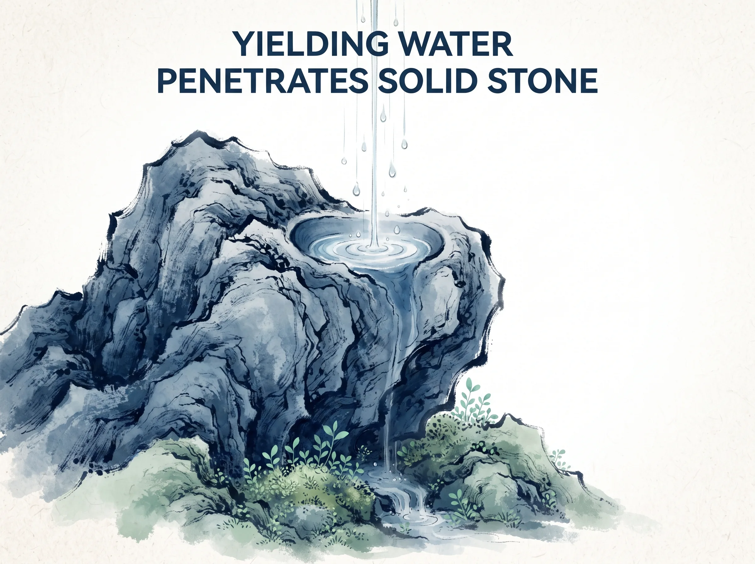 YIELDING WATER PENETRATES SOLID STONE in contemporary literati Chinese ink cartoon style with Prussian blue ink wash, sage green accents, and Xuan paper negative space, illustrating 居善地心善渊与善仁：清水顺势流淌向众人嫌弃的低洼之地，无分别地滋润杂草与鲜花，至柔之水滴穿坚硬磐石, embodying 在 '## Water Virtue in Everyday Life' 核心论述段落后 on ChiDestiny