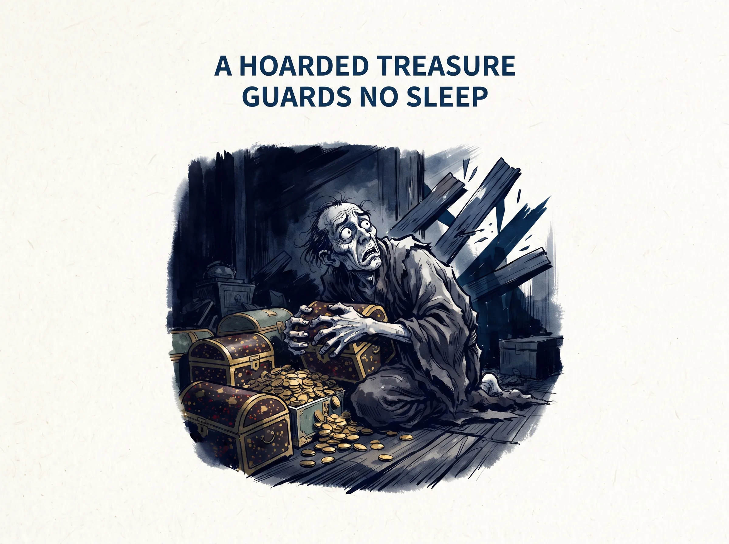 A HOARDED TREASURE GUARDS NO SLEEP in contemporary literati Chinese ink cartoon style with Prussian blue ink wash, sage green accents, and Xuan paper negative space, illustrating 金玉满堂莫之能守：守财奴在金山银海中瑟瑟发抖，怀里死死抱紧最后一枚金元宝，深宅大院却四面透风，盗贼虎视眈眈，夜不能寐, embodying 在 '## The Paradox of Modern Success' 核心论述段落后 on ChiDestiny