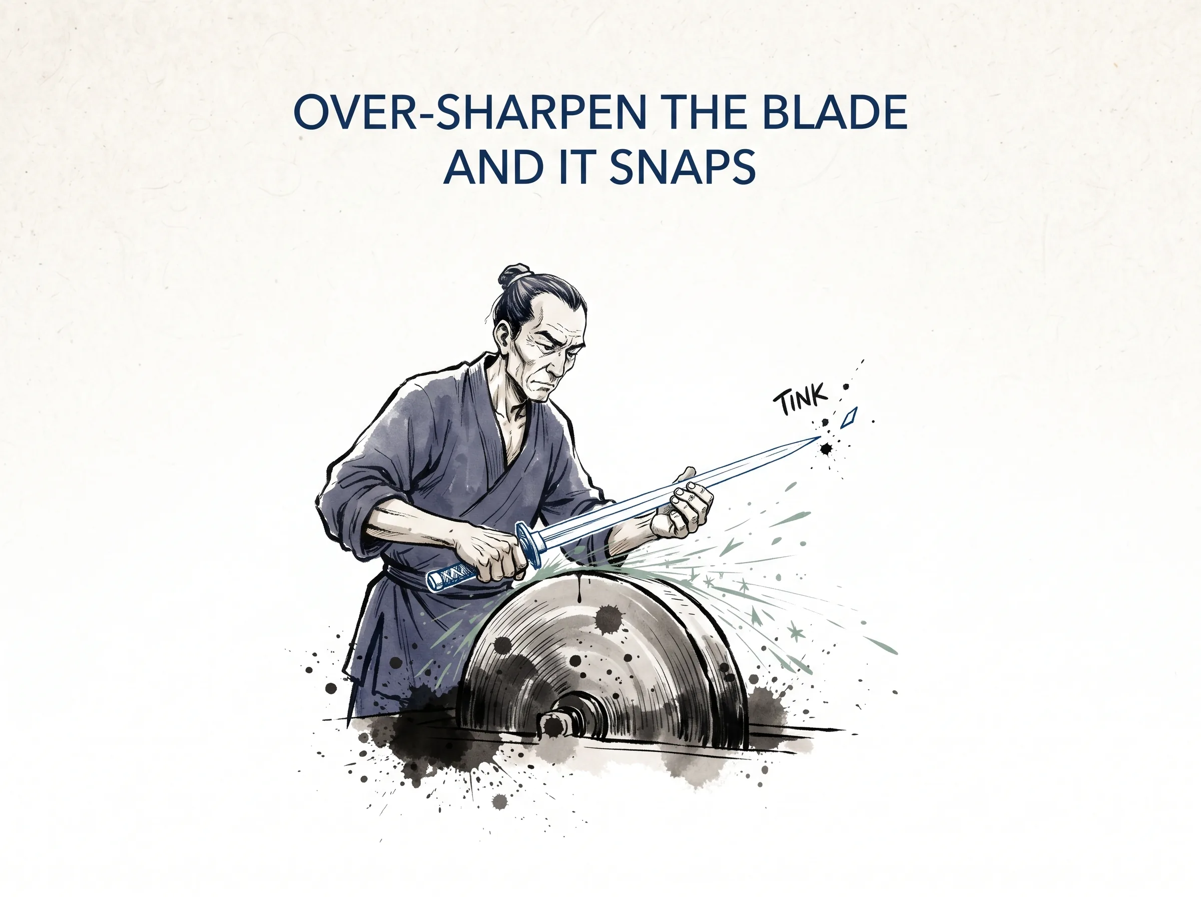 OVER-SHARPEN THE BLADE AND IT SNAPS in contemporary literati Chinese ink cartoon style with Prussian blue ink wash, sage green accents, and Xuan paper negative space, illustrating 揣而锐之不可长保：工匠把铁剑磨得过分纤薄锋利，刚一出鞘击中硬物便应声折断；过刚易折，锋芒毕露反招致瞬间崩毁, embodying 在 '## Better to Stop Than Fill to the Brim (*Chí Ér Yíng Zhī, Bù Rú Qí Yǐ*, 持而盈之，不如其已) — Fullness Has a Breaking Point' 核心论述段落后 on ChiDestiny