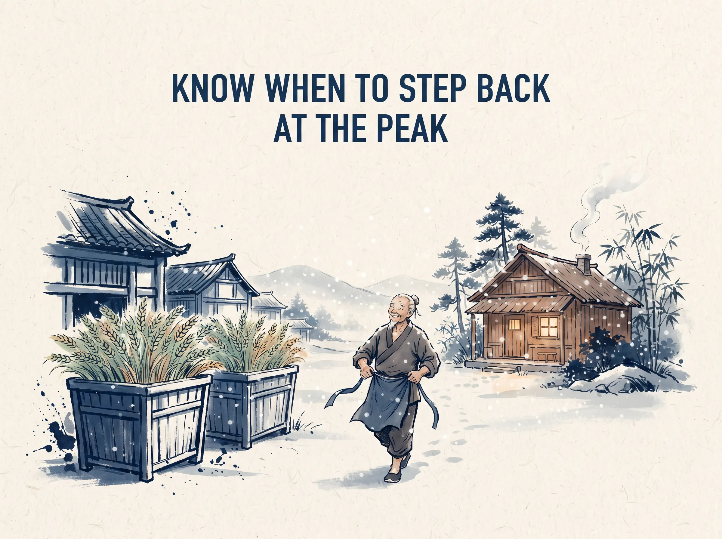 KNOW WHEN TO STEP BACK AT THE PEAK in contemporary literati Chinese ink cartoon style with Prussian blue ink wash, sage green accents, and Xuan paper negative space, illustrating 功遂身退天之道：丰收的大地在交出沉甸甸的谷物后，安详地披上冬雪归于沉睡，懂得在最饱满的顶点功成身退，方合天道长久, embodying 在 '## Why This Matters for Modern Readers' 核心论述段落后 on ChiDestiny