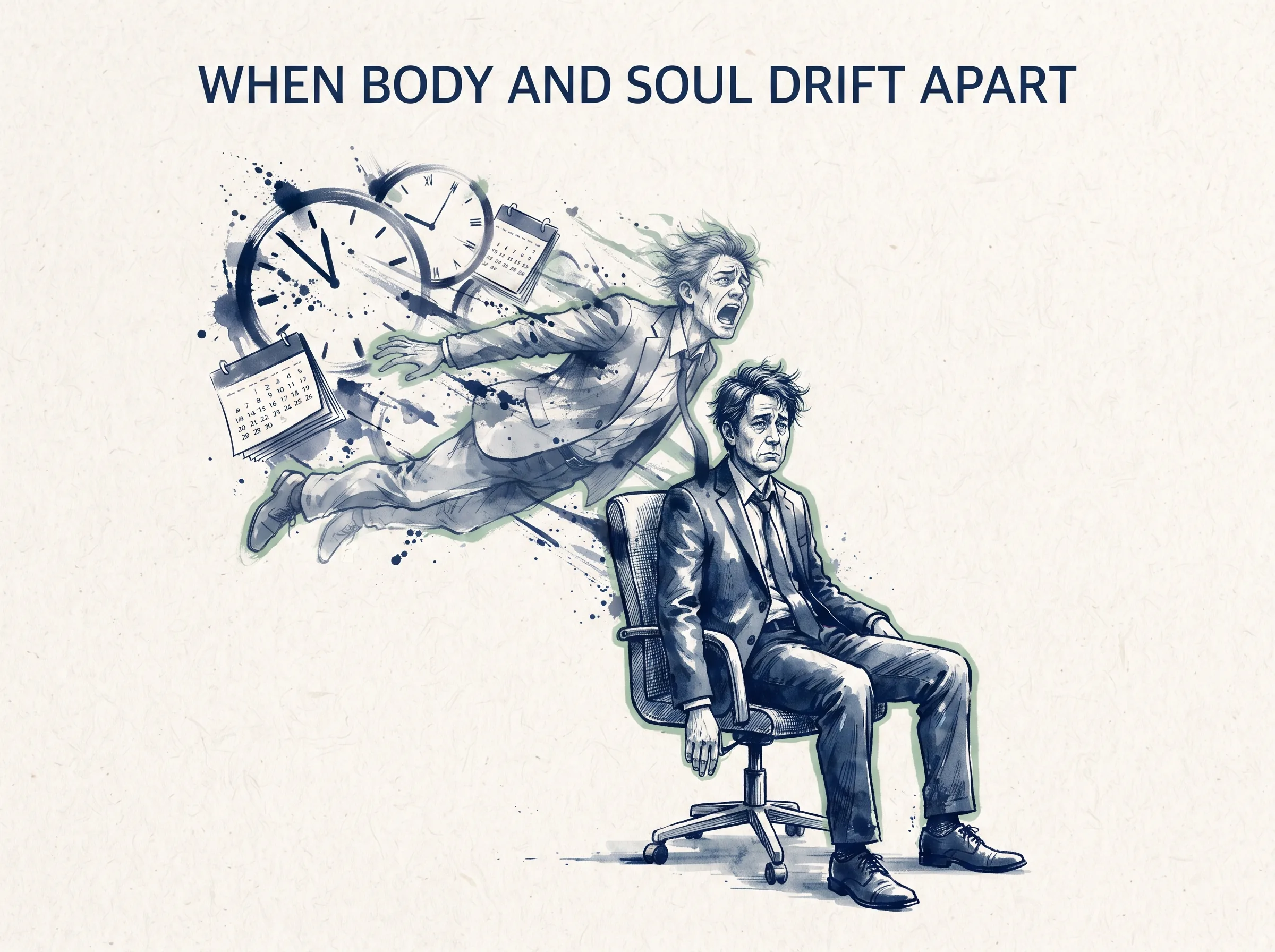 WHEN BODY AND SOUL DRIFT APART in contemporary literati Chinese ink cartoon style with Prussian blue ink wash, sage green accents, and Xuan paper negative space, illustrating 身心撕裂之困：现代人的身体坐在会议室里，心神却飞向了明天的考核与昨天的遗憾，灵魂与躯体如拉扯的两张皮，疲惫不堪, embodying 在 '## The Hidden Cost of Internal Fragmentation' 核心论述段落后 on ChiDestiny
