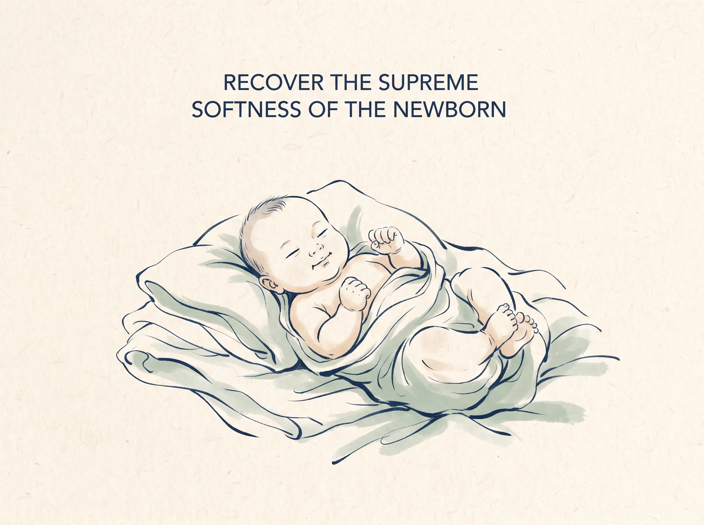 RECOVER THE SUPREME SOFTNESS OF THE NEWBORN in contemporary literati Chinese ink cartoon style with Prussian blue ink wash, sage green accents, and Xuan paper negative space, illustrating 专气致柔能如婴儿乎：如初生婴儿般纯粹柔软，小手握拳筋骨柔和却生机勃勃，不设心机防备，却拥有最不可摧毁的生命韧性, embodying 在 '## Leading Without Imposing Your Will' 核心论述段落后 on ChiDestiny