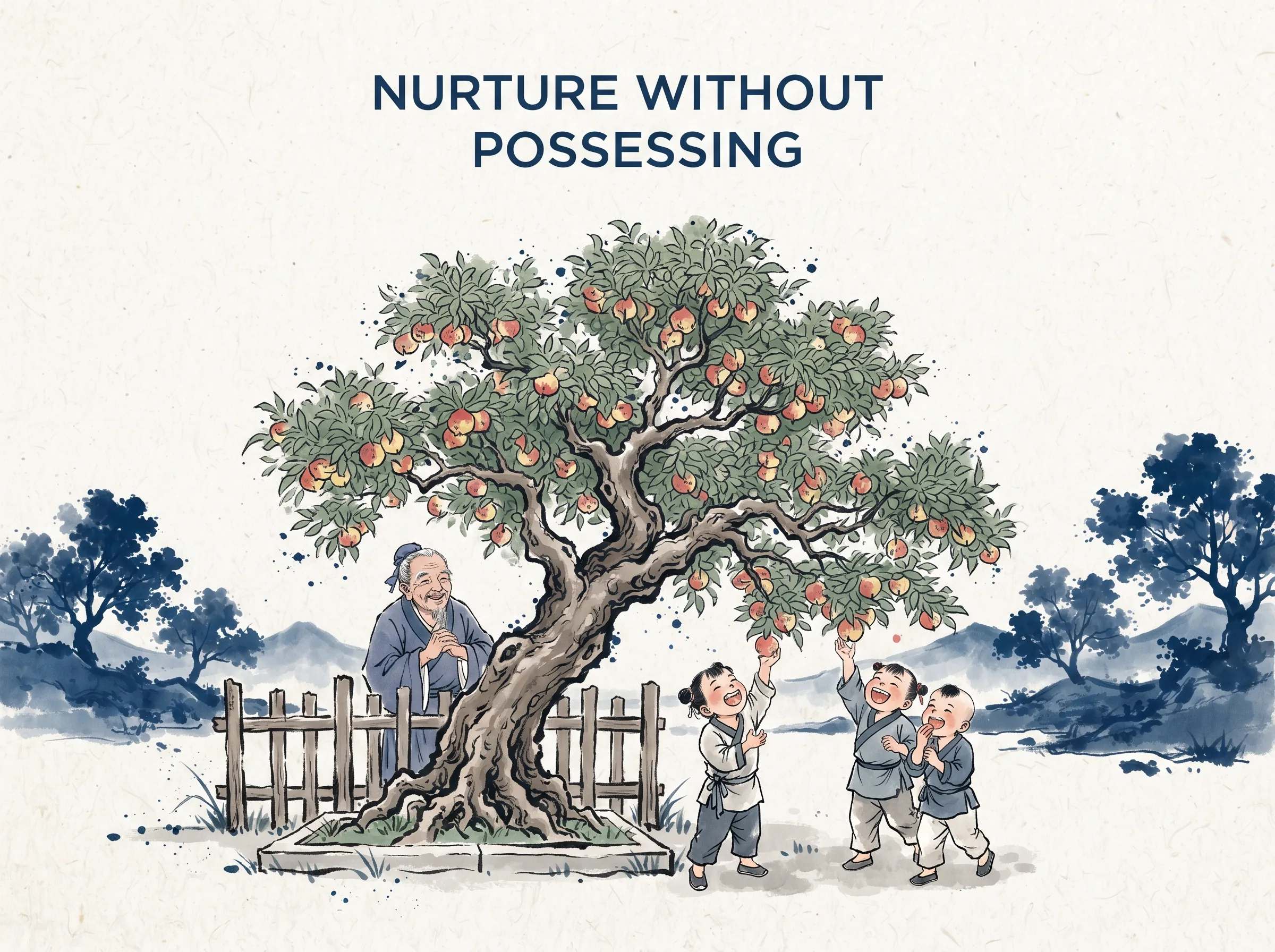 NURTURE WITHOUT POSSESSING in contemporary literati Chinese ink cartoon style with Prussian blue ink wash, sage green accents, and Xuan paper negative space, illustrating 生而不有为而不恃长而不宰是谓玄德：老农精心浇灌苹果树，当秋天红苹果挂满枝头时，他只微笑着退到树后任鸟儿与路人采摘，无占有之私, embodying 在 '## Putting It All Together' 核心论述段落后 on ChiDestiny