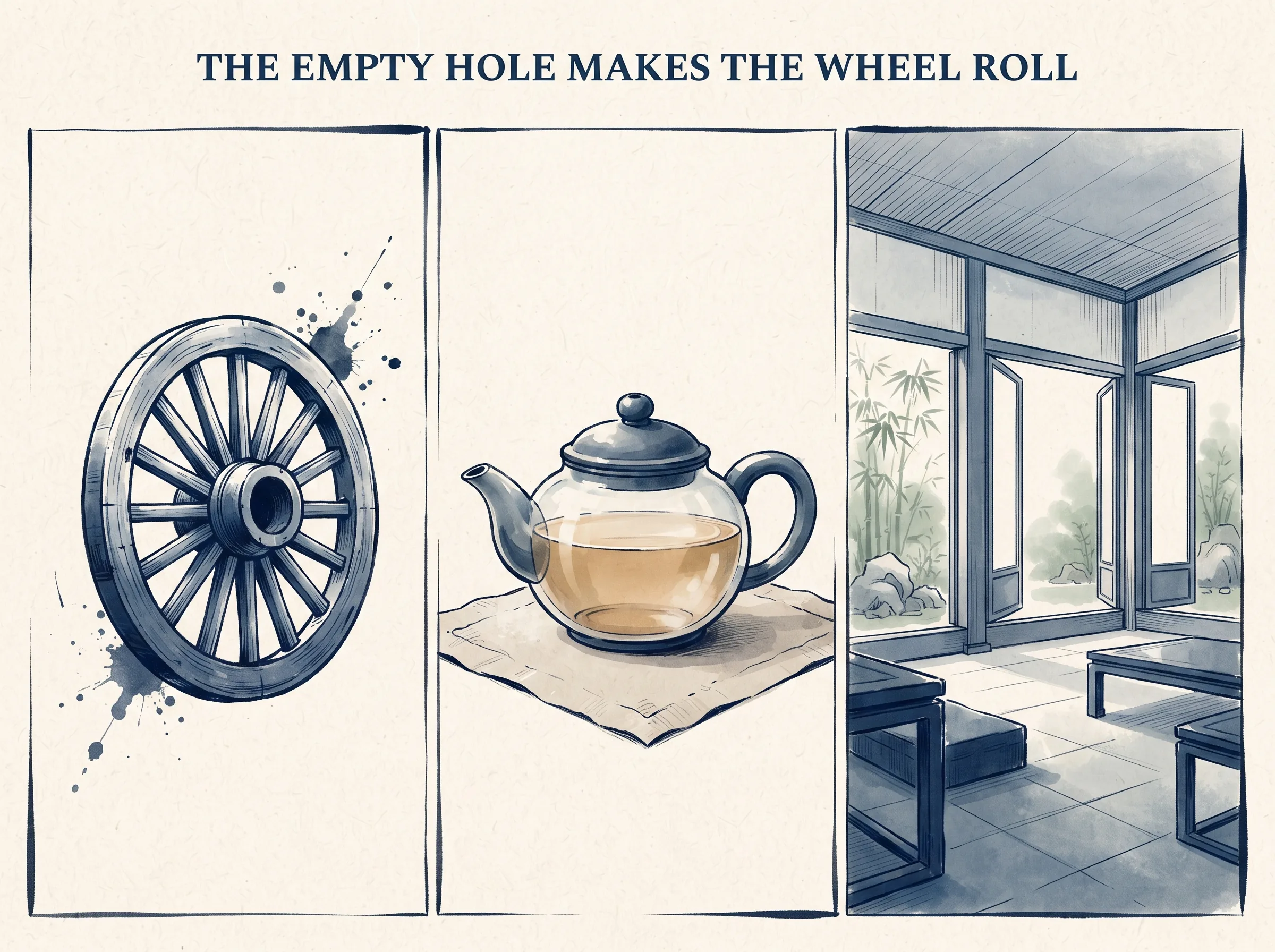 THE EMPTY HOLE MAKES THE WHEEL ROLL in contemporary literati Chinese ink cartoon style with Prussian blue ink wash, sage green accents, and Xuan paper negative space, illustrating 车毂陶器门窗的三重中空：三十根木辐条合于车轴中心的小孔，车轮方能转动；陶土中间镂空，器皿才能盛水；凿开墙壁留出门窗，居室才能透光住人, embodying 在 '## Three Ordinary Things Laozi Chose — and What They Share' 核心论述段落后 on ChiDestiny