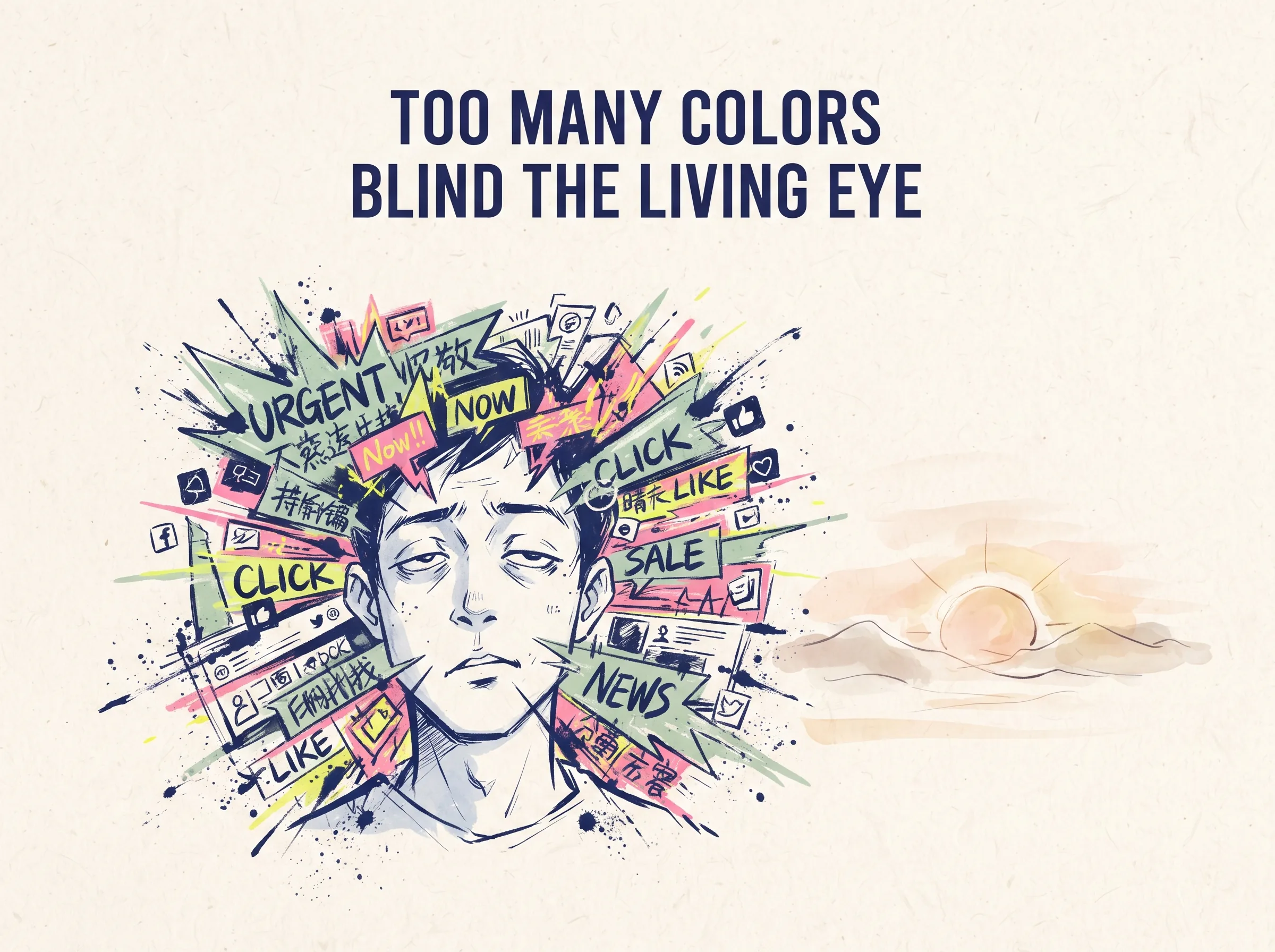 TOO MANY COLORS BLIND THE LIVING EYE in contemporary literati Chinese ink cartoon style with Prussian blue ink wash, sage green accents, and Xuan paper negative space, illustrating 信息眩晕与视听过载：现代人被红绿交织的五彩霓虹屏保与高分贝短视频轰炸，双眼干涩发直，耳膜震颤，精神陷入麻木虚无, embodying 在 '## The Smartphone as Modern "Five Colors"' 核心论述段落后 on ChiDestiny