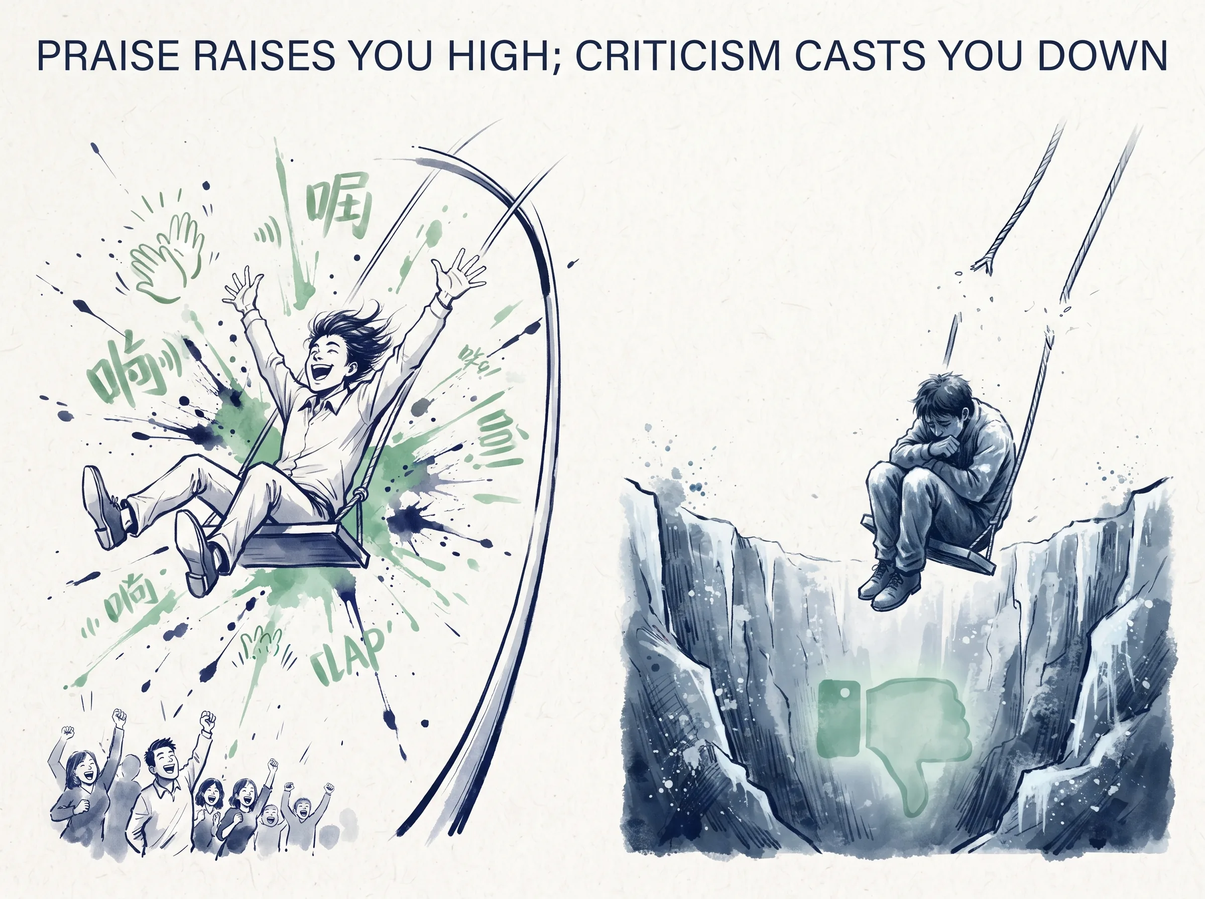 PRAISE RAISES YOU HIGH; CRITICISM CASTS YOU DOWN in contemporary literati Chinese ink cartoon style with Prussian blue ink wash, sage green accents, and Xuan paper negative space, illustrating 宠辱若惊的情绪木偶：受到表扬时受宠若惊手舞足蹈，遭遇批评时战战兢兢垂头丧气，情绪完全沦为他人评判的操线木偶, embodying 在 '## The Secret Life of Your Reactions' 核心论述段落后 on ChiDestiny