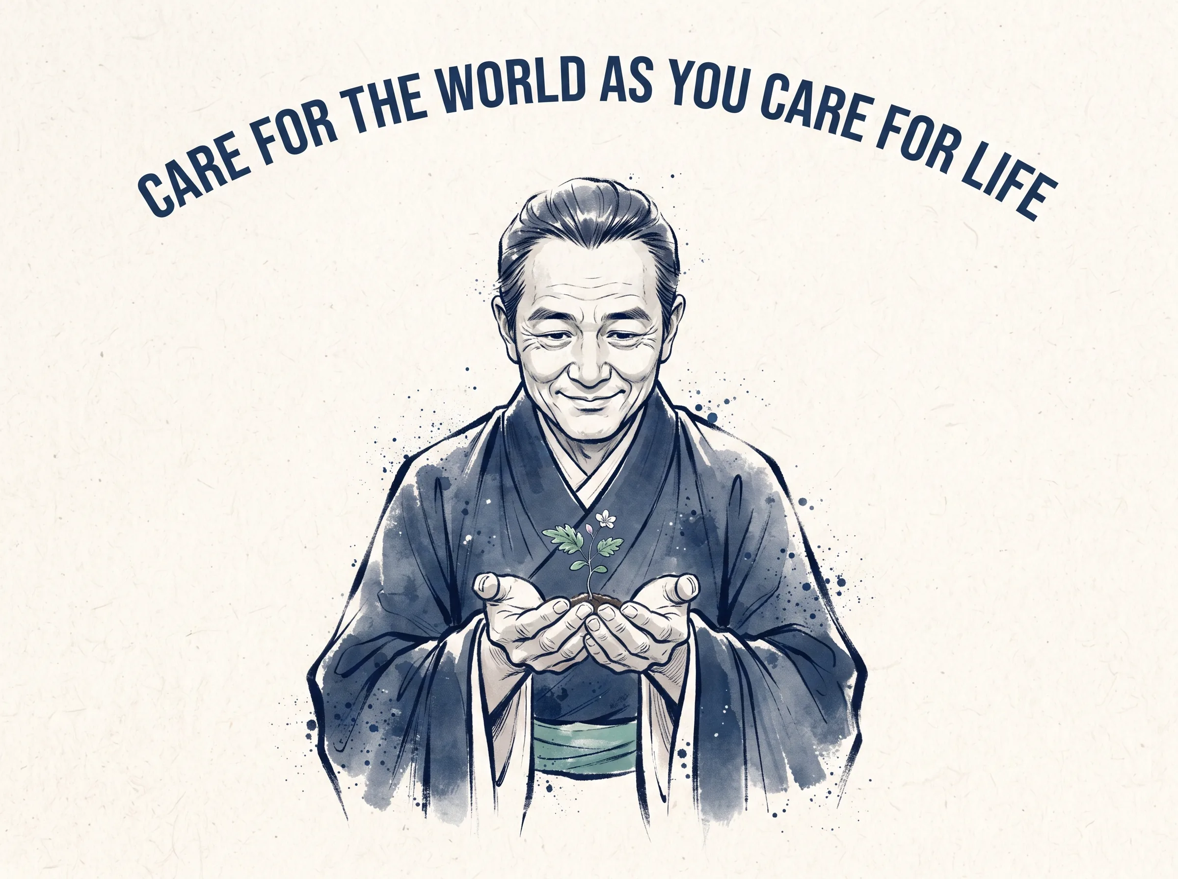 CARE FOR THE WORLD AS YOU CARE FOR LIFE in contemporary literati Chinese ink cartoon style with Prussian blue ink wash, sage green accents, and Xuan paper negative space, illustrating 贵以身为天下若可寄天下：唯有像爱护自己身体一样不求虚荣、爱护众生的人，才可以把天下的重任托付于他, embodying 在 '## A Few Questions Readers Often Ask' 核心论述段落后 on ChiDestiny