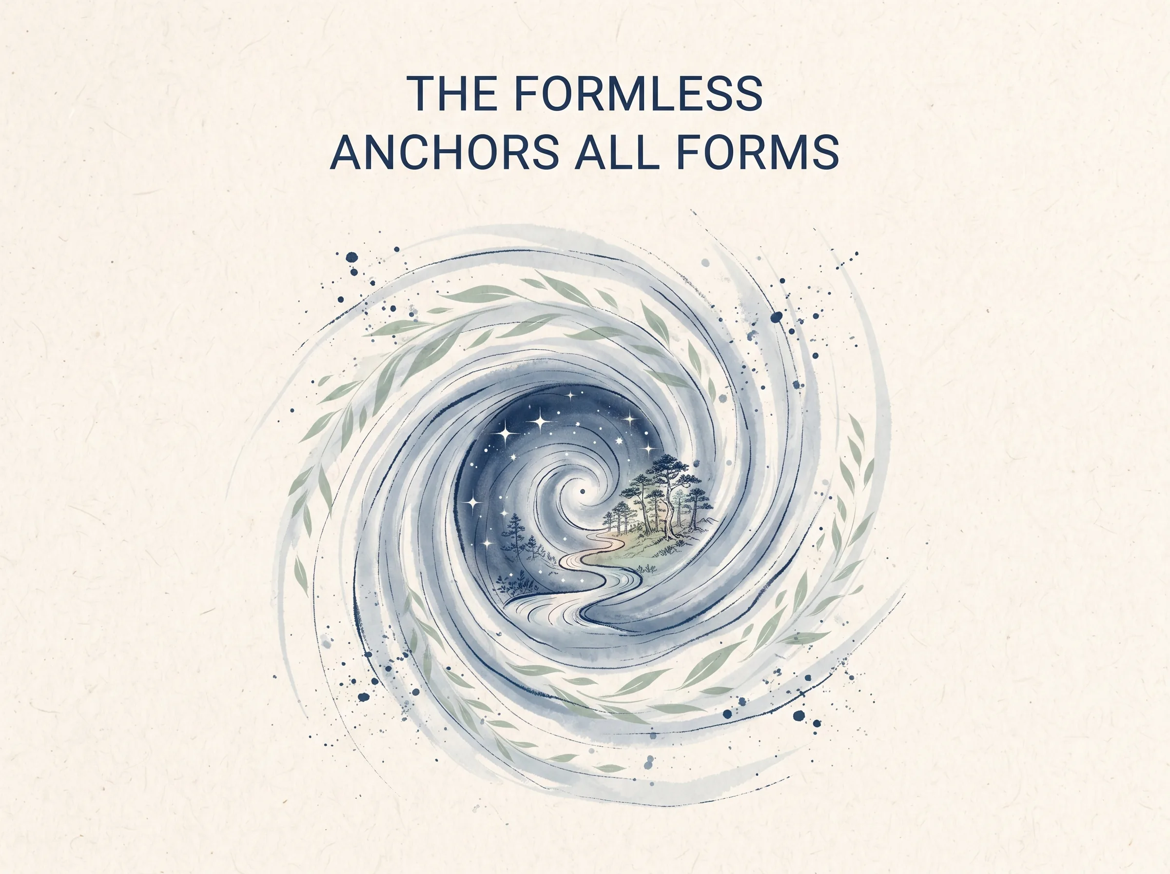 THE FORMLESS ANCHORS ALL FORMS in contemporary literati Chinese ink cartoon style with Prussian blue ink wash, sage green accents, and Xuan paper negative space, illustrating 夷希微之无状之状:用眼睛看不见、用耳朵听不到、用双手摸不着的大道无形无相,却如无处不在的重力与空气般维系着整个宇宙的运转, embodying 在 '## Seeing What Isn't There' 核心论述段落后 on ChiDestiny