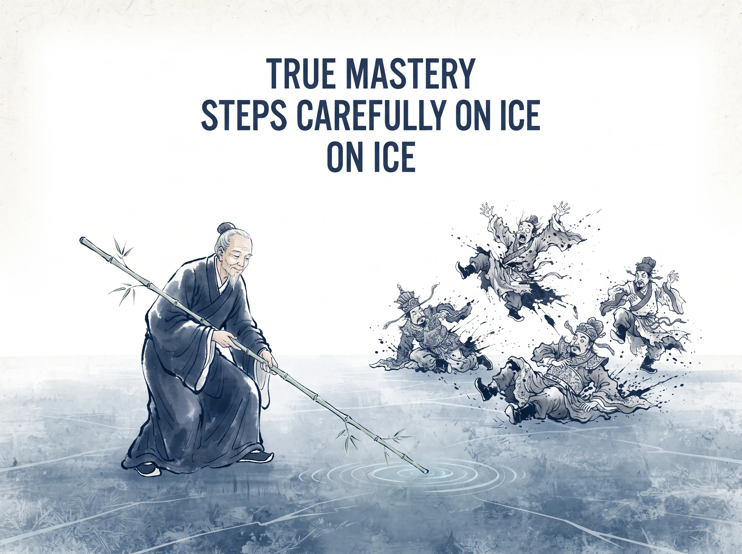 TRUE MASTERY STEPS CAREFULLY ON ICE in contemporary literati Chinese ink cartoon style with Prussian blue ink wash, sage green accents, and Xuan paper negative space, illustrating 豫兮若冬涉川犹兮若畏四邻：真正的高手深沉内敛，如冬天履冰渡河般谨慎，如防范四邻般敬畏，从不在市井之中大肆张扬吹嘘, embodying 在 '## The Modern Compulsion to Be Seen' 核心论述段落后 on ChiDestiny
