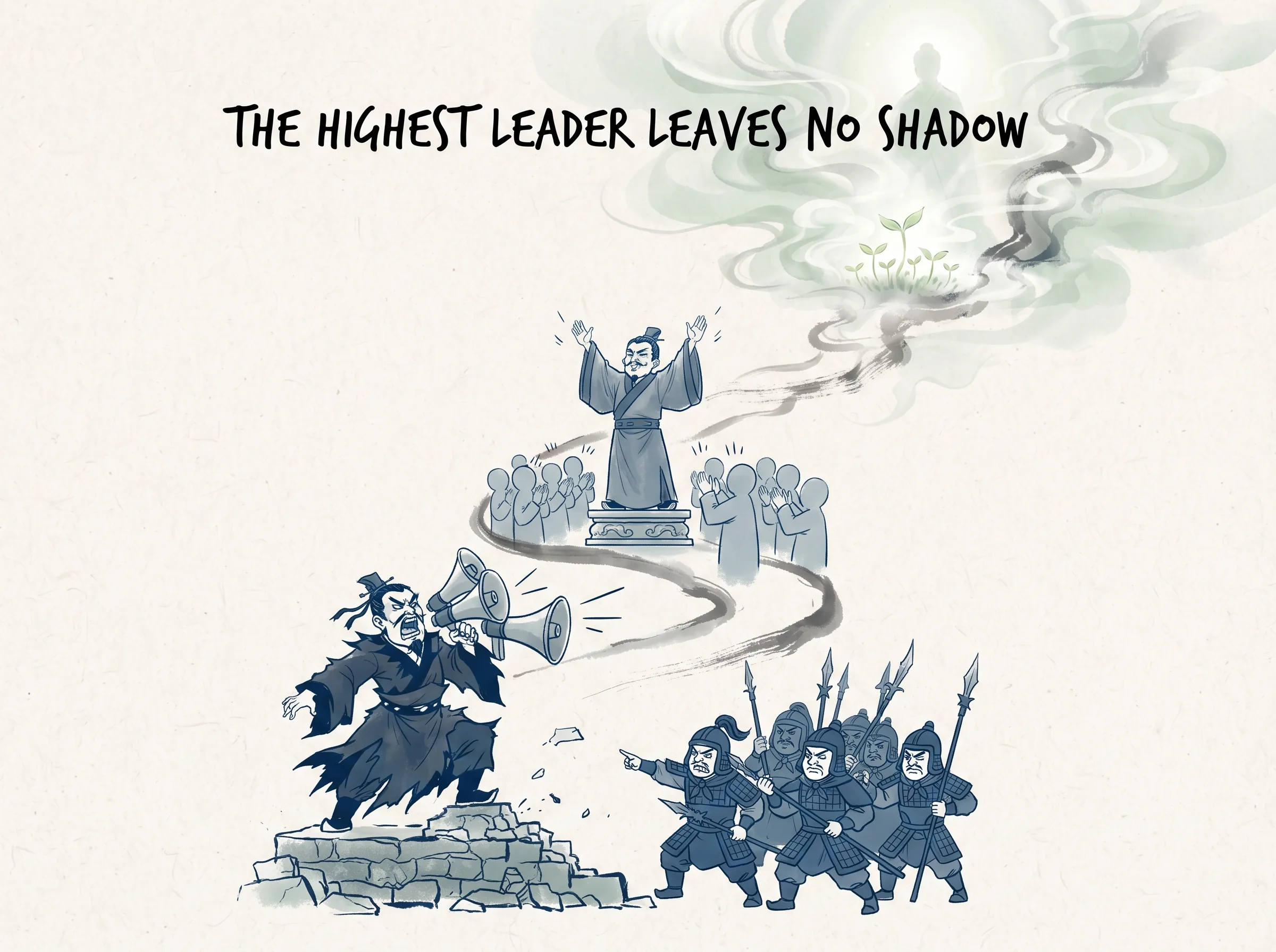 THE HIGHEST LEADER LEAVES NO SHADOW in contemporary literati Chinese ink cartoon style with Prussian blue ink wash, sage green accents, and Xuan paper negative space, illustrating 四种层级的领导力：暴君挥舞皮鞭受人畏惧，能臣大张旗鼓受人赞誉，平庸者法令繁琐遭人侮慢，而最高的圣王如空气与春雨，百姓甚至感觉不到他的存在, embodying 在 '## The Four Levels of Order' 核心论述段落后 on ChiDestiny