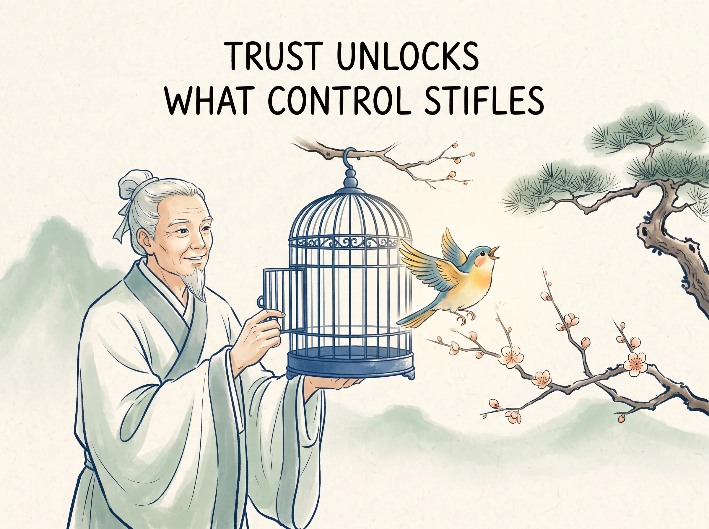LEAP BEYOND YOUR BOUNDARIES INTO THE VAST in contemporary literati Chinese ink cartoon style with Prussian blue ink wash, sage green accents, and Xuan paper negative space, illustrating 打破时空与见解的壁垒：学者推开狭窄的书斋小窗，跃出藩篱立于九天之巅，俯瞰江河奔流，心中万千执念化为浩然长风, embodying 在 '## Closing Thought' 核心论述段落后 on ChiDestiny
