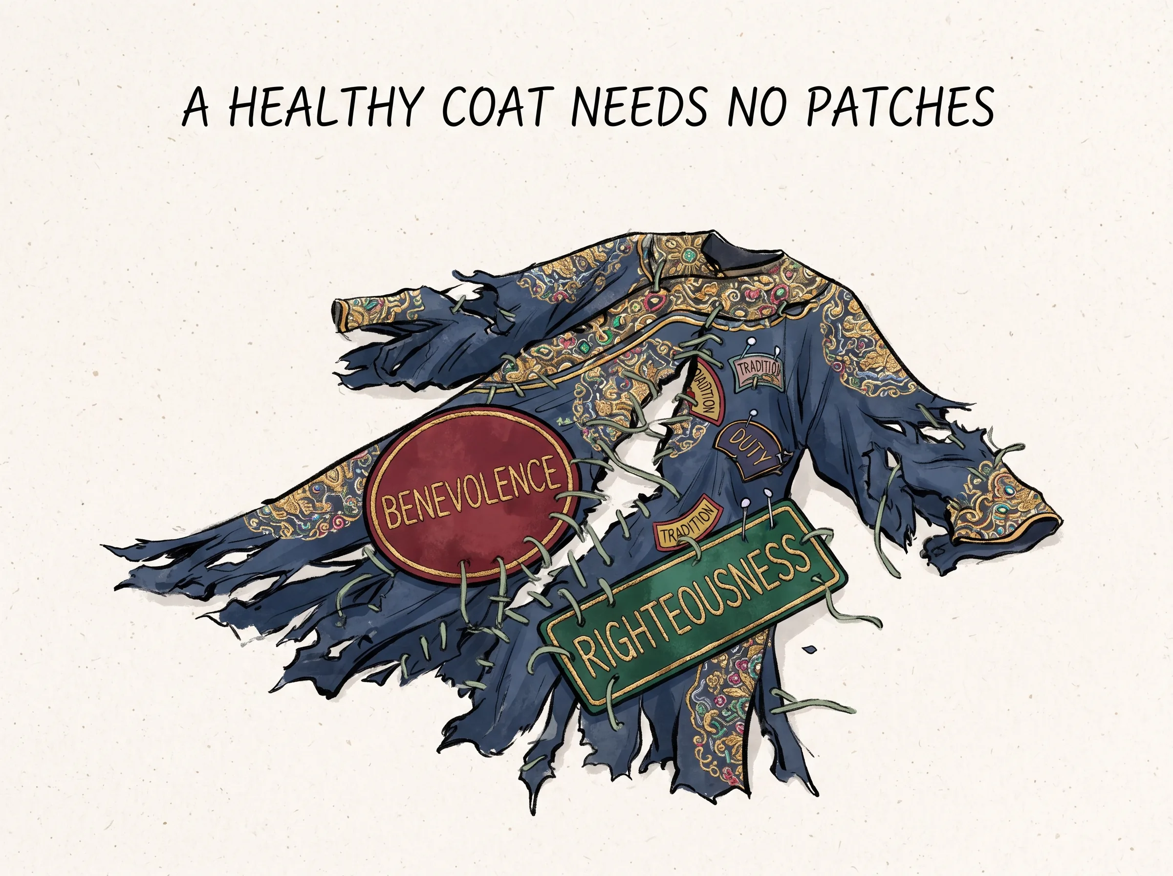A HEALTHY COAT NEEDS NO PATCHES in contemporary literati Chinese ink cartoon style with Prussian blue ink wash, sage green accents, and Xuan paper negative space, illustrating 破衣打补丁的讽刺:一件完好无损的丝袍根本不需要补丁;唯有当衣服千疮百孔破烂不堪时,人们才急忙缝上写着'仁爱'与'礼法'的醒目补丁, embodying 在 '## The Patch and the Garment' 核心论述段落后 on ChiDestiny