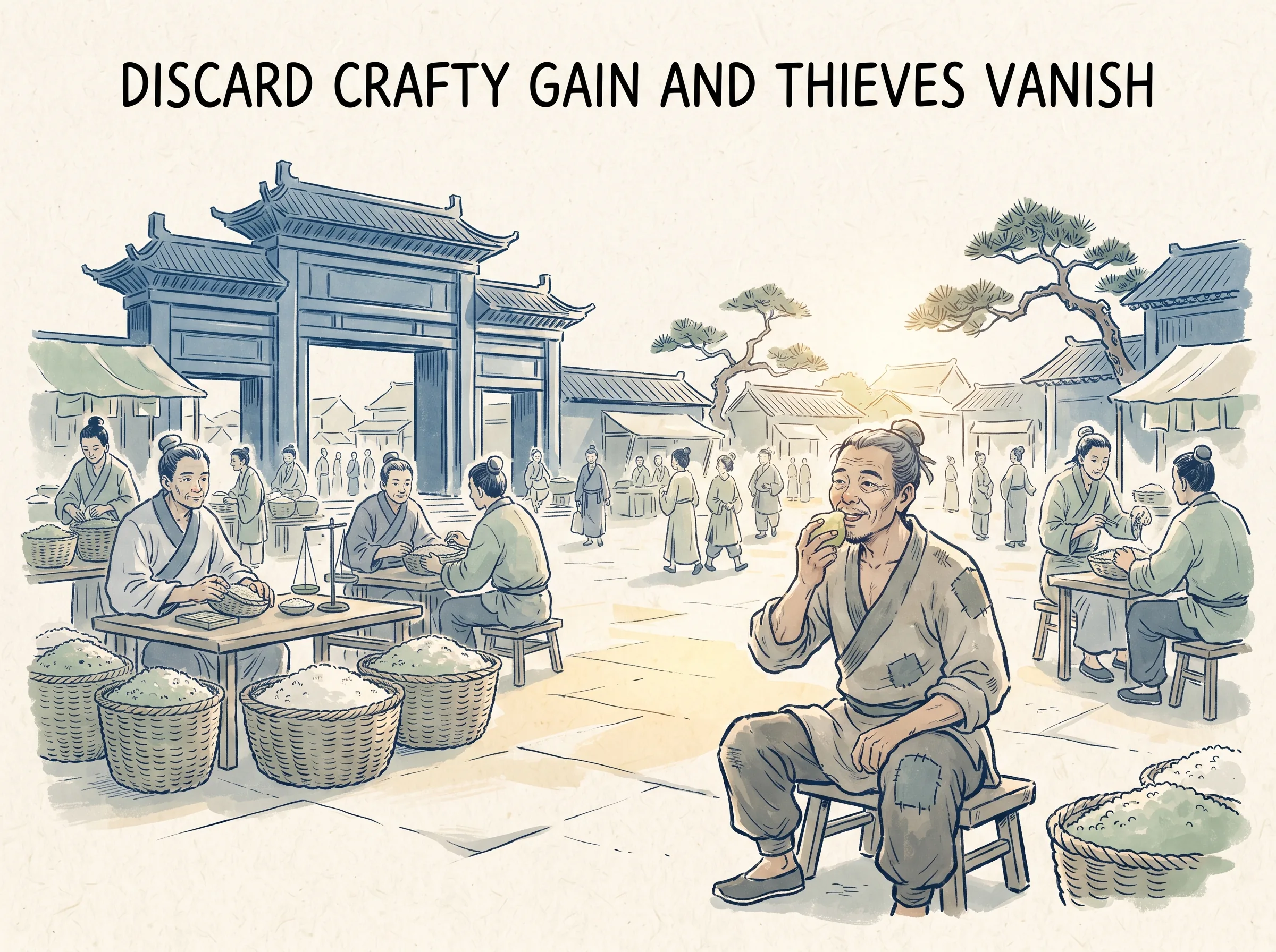 DISCARD CRAFTY GAIN AND THIEVES VANISH in contemporary literati Chinese ink cartoon style with Prussian blue ink wash, sage green accents, and Xuan paper negative space, illustrating 绝巧弃利盗贼无有：当社会不再疯狂崇拜投机取巧与暴富神话，不再把奢侈品视为身份象征时，街市上的小偷与骗子自然销声匿迹, embodying 在 '## When the Great Way Fails, Benevolence and Righteousness Appear' 核心论述段落后 on ChiDestiny