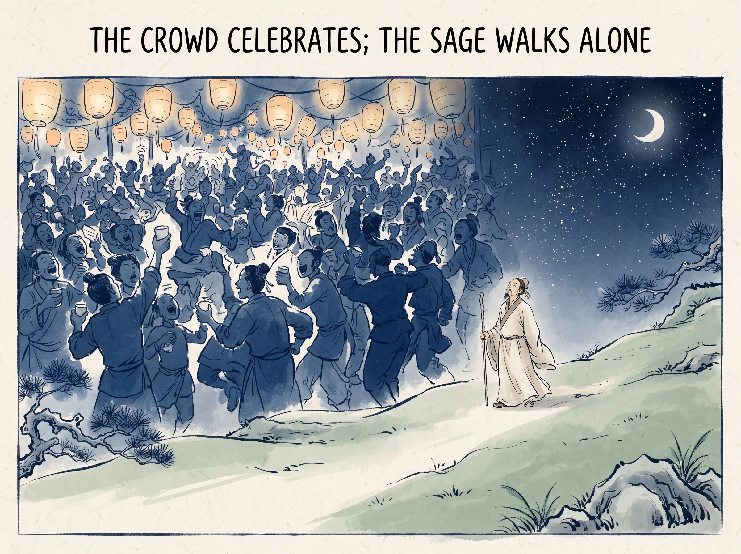 THE CROWD CELEBRATES; THE SAGE WALKS ALONE in contemporary literati Chinese ink cartoon style with Prussian blue ink wash, sage green accents, and Xuan paper negative space, illustrating 众人熙熙如享太牢：世俗人大众如过节般涌向热闹的酒肆与名利场，争抢享用盛宴与狂欢；唯有老子独自闲步旷野，像一个尚未学会发笑的婴儿, embodying 在 '## The Modern Paradox: More Achievement, Less Peace' 核心论述段落后 on ChiDestiny