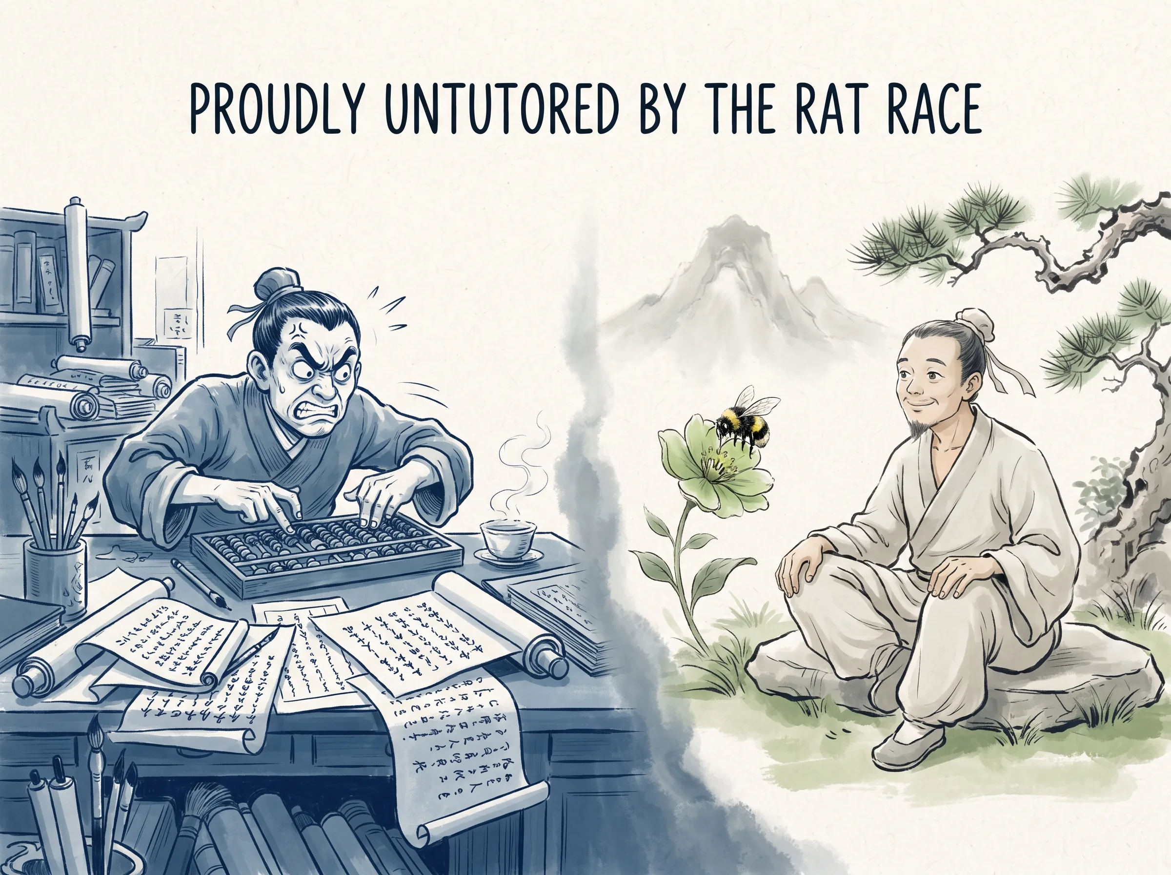PROUDLY UNTUTORED BY THE RAT RACE in contemporary literati Chinese ink cartoon style with Prussian blue ink wash, sage green accents, and Xuan paper negative space, illustrating 众人皆有以我独顽且鄙：别人都精明能干、算盘打得飞起，唯有我显得愚笨迟钝、无所适从；因我不食世俗功利，独贵食母也, embodying 在 '## Abandon Sageness and Discard Wisdom (*Jué Shèng Qì Zhì*, 绝圣弃智): When Smart Becomes a Performance' 核心论述段落后 on ChiDestiny