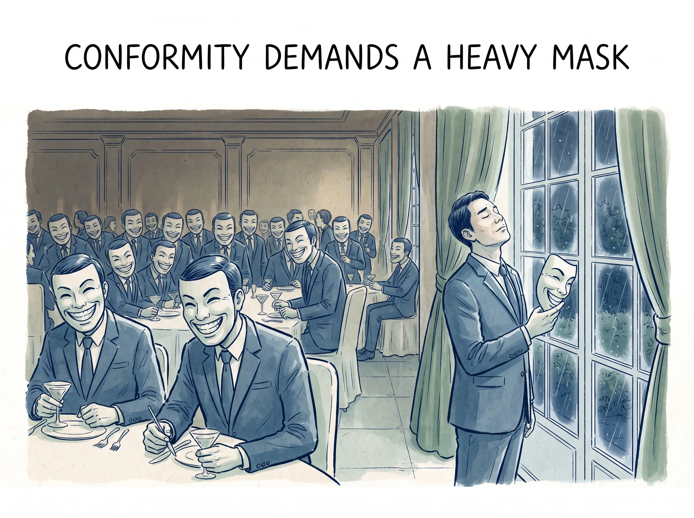 CONFORMITY DEMANDS A HEAVY MASK in contemporary literati Chinese ink cartoon style with Prussian blue ink wash, sage green accents, and Xuan paper negative space, illustrating 合群的焦虑与假面：现代人为了融入吵闹的鸡尾酒会，硬戴上统一制作的滑稽假笑面具，内心的疲惫与失落却在假面后无声流淌, embodying 在 '## The Anxiety of Belonging Was Learned, Not Innate' 核心论述段落后 on ChiDestiny