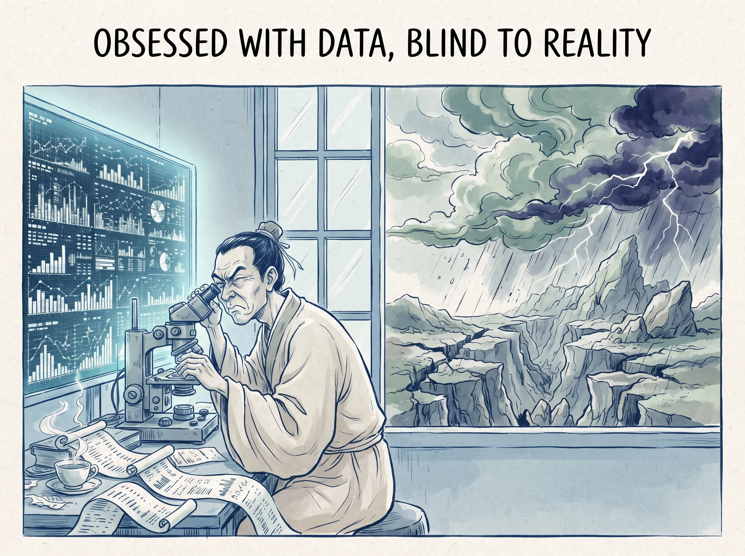 OBSESSED WITH DATA, BLIND TO REALITY in contemporary literati Chinese ink cartoon style with Prussian blue ink wash, sage green accents, and Xuan paper negative space, illustrating 唯数据论的狭隘：分析师手持放大镜死死盯住不断波动的折线图指标，却对窗外正在酝酿的四季更迭与气候剧变视而不见, embodying 在 '## The Modern Trap of Visible Evidence' 核心论述段落后 on ChiDestiny