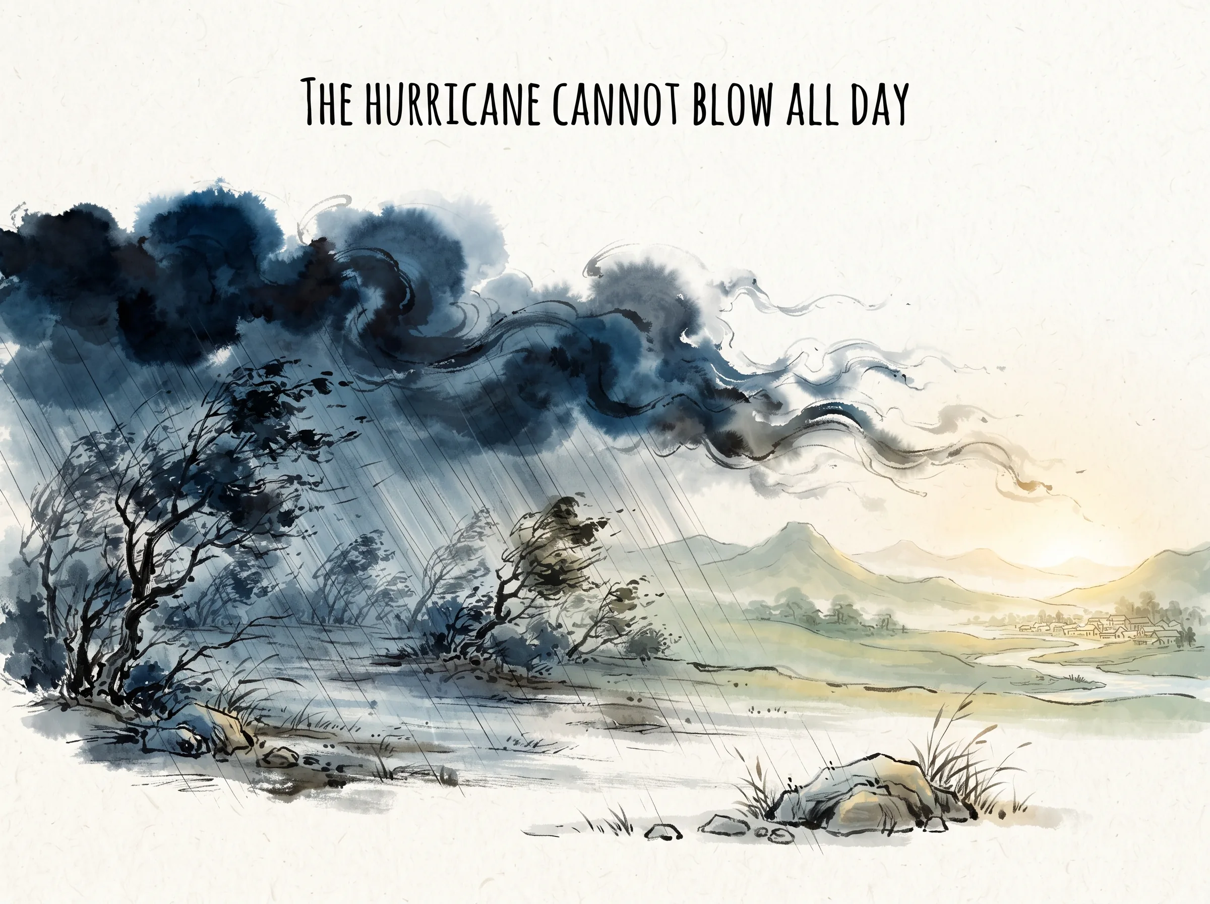 THE HURRICANE CANNOT BLOW ALL DAY in contemporary literati Chinese ink cartoon style with Prussian blue ink wash, sage green accents, and Xuan paper negative space, illustrating 狂风暴雨终将停歇：狂风呼啸暴雨倾盆，雷电交加看似势不可挡，但天地尚不能长久维持狂暴之力，更何况脆弱的人类？, embodying 在 '## The Storm Is Not a Model for Strength' 核心论述段落后 on ChiDestiny