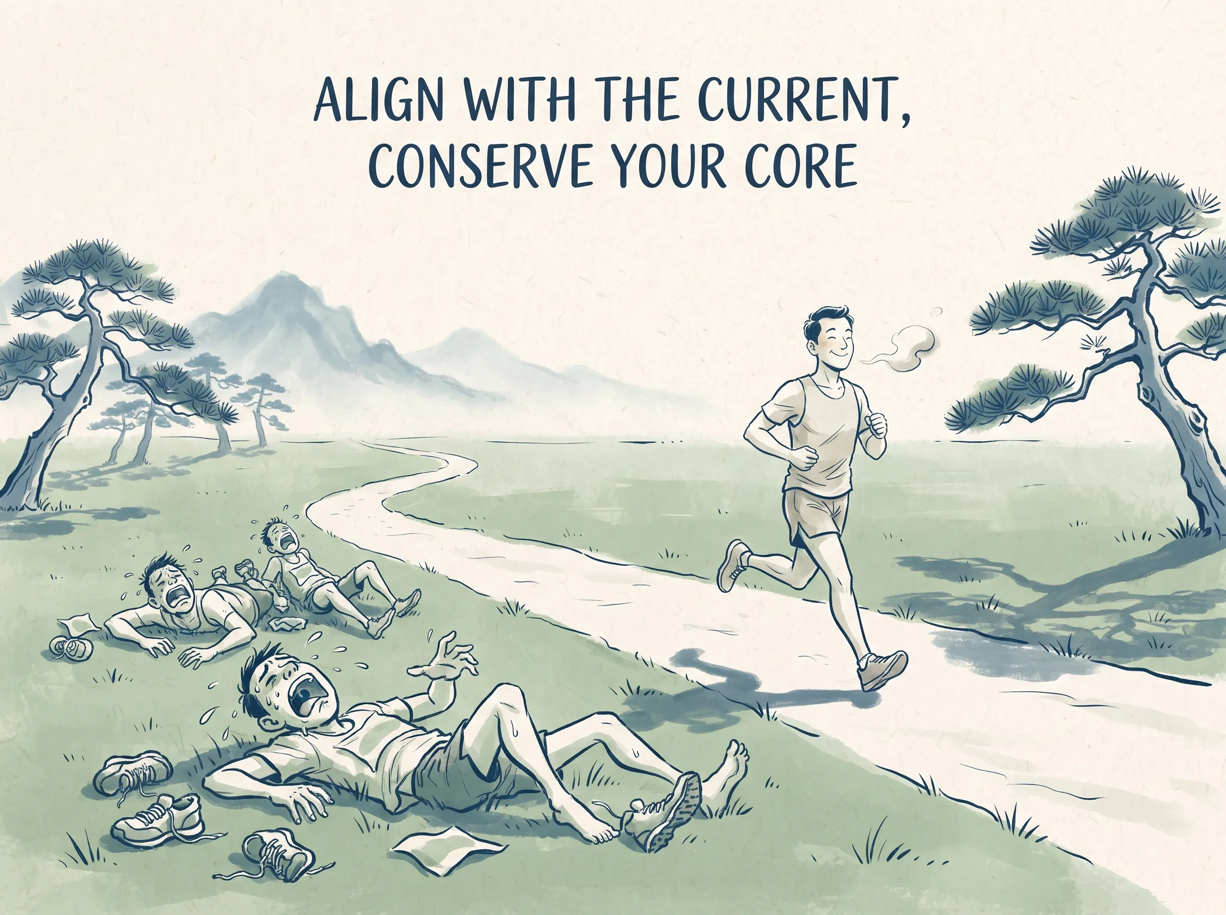 UNTANGLE THE DESIRES, EMBRACE SERENITY in contemporary literati Chinese ink cartoon style with Prussian blue ink wash, sage green accents, and Xuan paper negative space, illustrating 彻志之徒身泰心安：修道者拔除胸中郁结的滞气与机巧，身躯如枯木般安稳，心灵如死灰般静穆，重新绽放出婴儿般的纯真笑容, embodying 在 '## A Closing Note' 核心论述段落后 on ChiDestiny