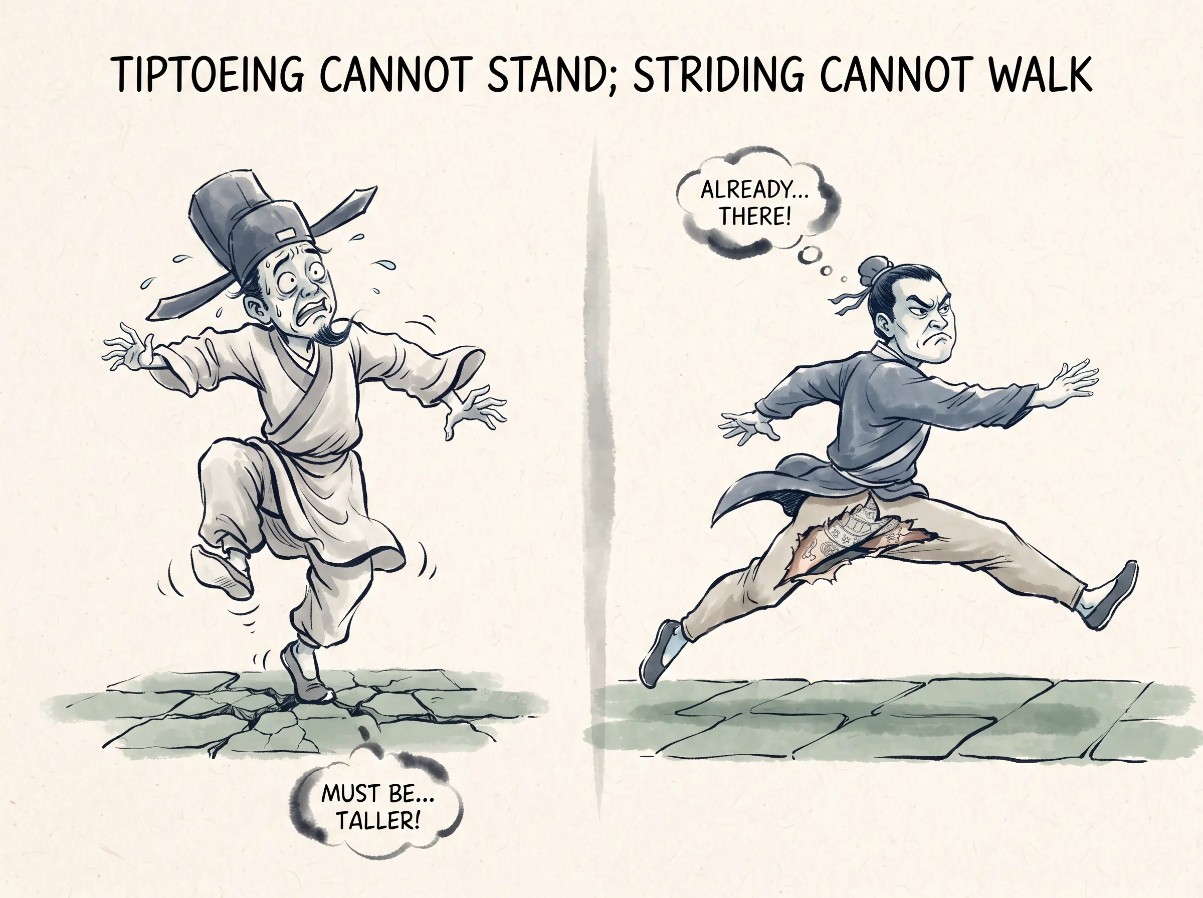 TIPTOEING CANNOT STAND; STRIDING CANNOT WALK in contemporary literati Chinese ink cartoon style with Prussian blue ink wash, sage green accents, and Xuan paper negative space, illustrating 垫脚难久立阔步难远行：急于求成的人踮起脚尖试图显得高大，没走两步就脚腕酸痛摔倒；跨大步想赶路的人迈步过猛扯伤肌肉, embodying 在 '## The Paradox of Hustle' 核心论述段落后 on ChiDestiny
