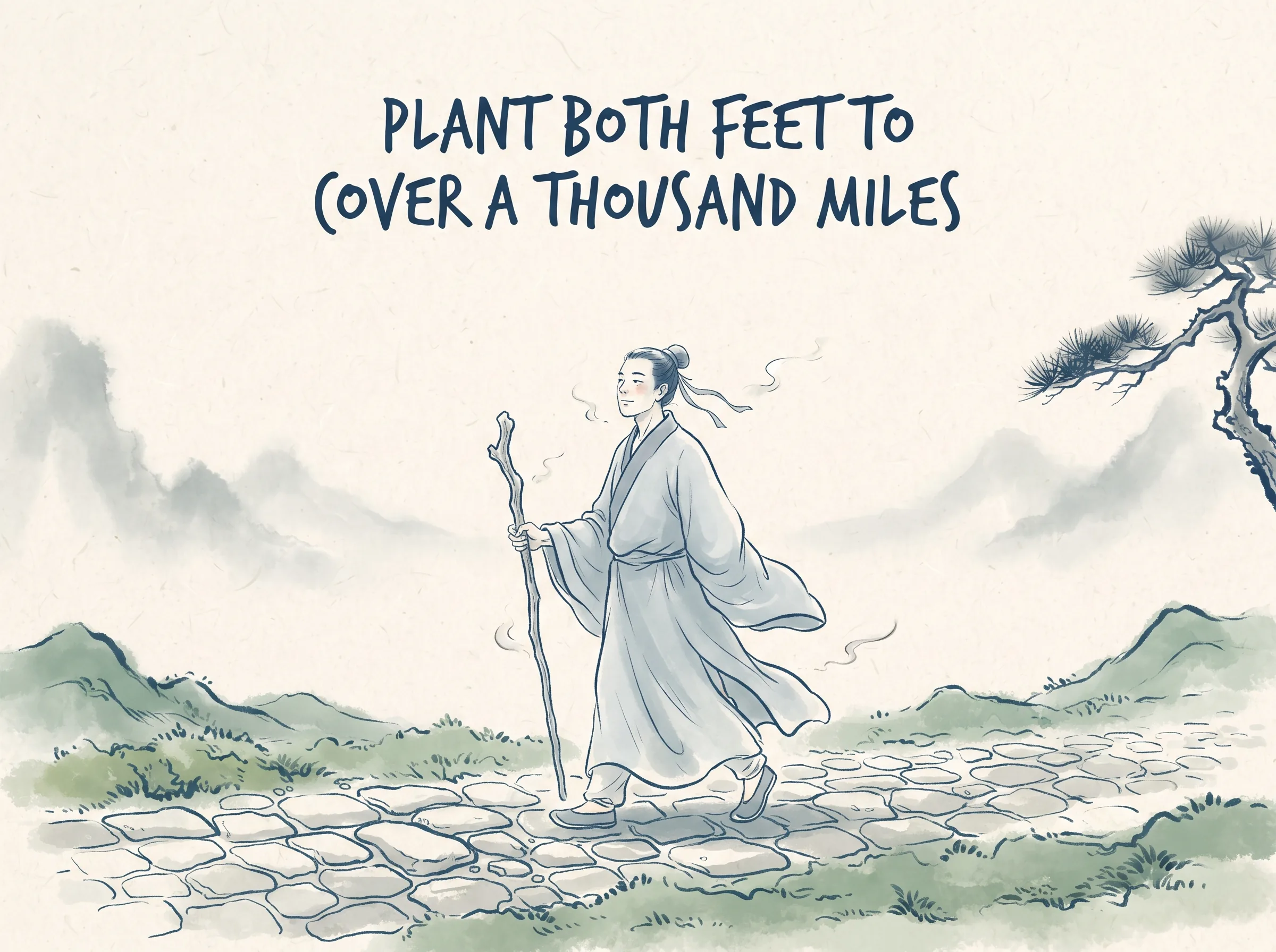 TRUE WEALTH IS A SPIRIT WITHOUT BURDEN in contemporary literati Chinese ink cartoon style with Prussian blue ink wash, sage green accents, and Xuan paper negative space, illustrating 同于自然自足自得：山林间农夫在井泉边捧起清甜泉水与邻里痛快畅饮，胸中坦荡无挂碍，这才是天下最富足的君王, embodying 在 '## Moving Forward' 核心论述段落后 on ChiDestiny