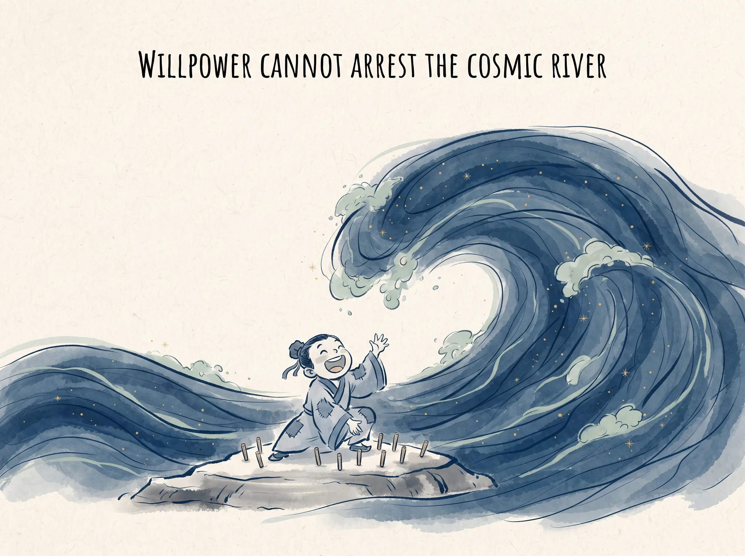 WILLPOWER CANNOT ARREST THE COSMIC RIVER in contemporary literati Chinese ink cartoon style with Prussian blue ink wash, sage green accents, and Xuan paper negative space, illustrating 徒劳的抗衡天道：意志坚强的人试图用一把小铁铲筑坝挡住汹涌的黄河主河道，大水冲来，小坝瞬间被奔腾波涛卷得荡然无存, embodying 在 '## The Illusion That Stronger Will Should Bend Reality' 核心论述段落后 on ChiDestiny