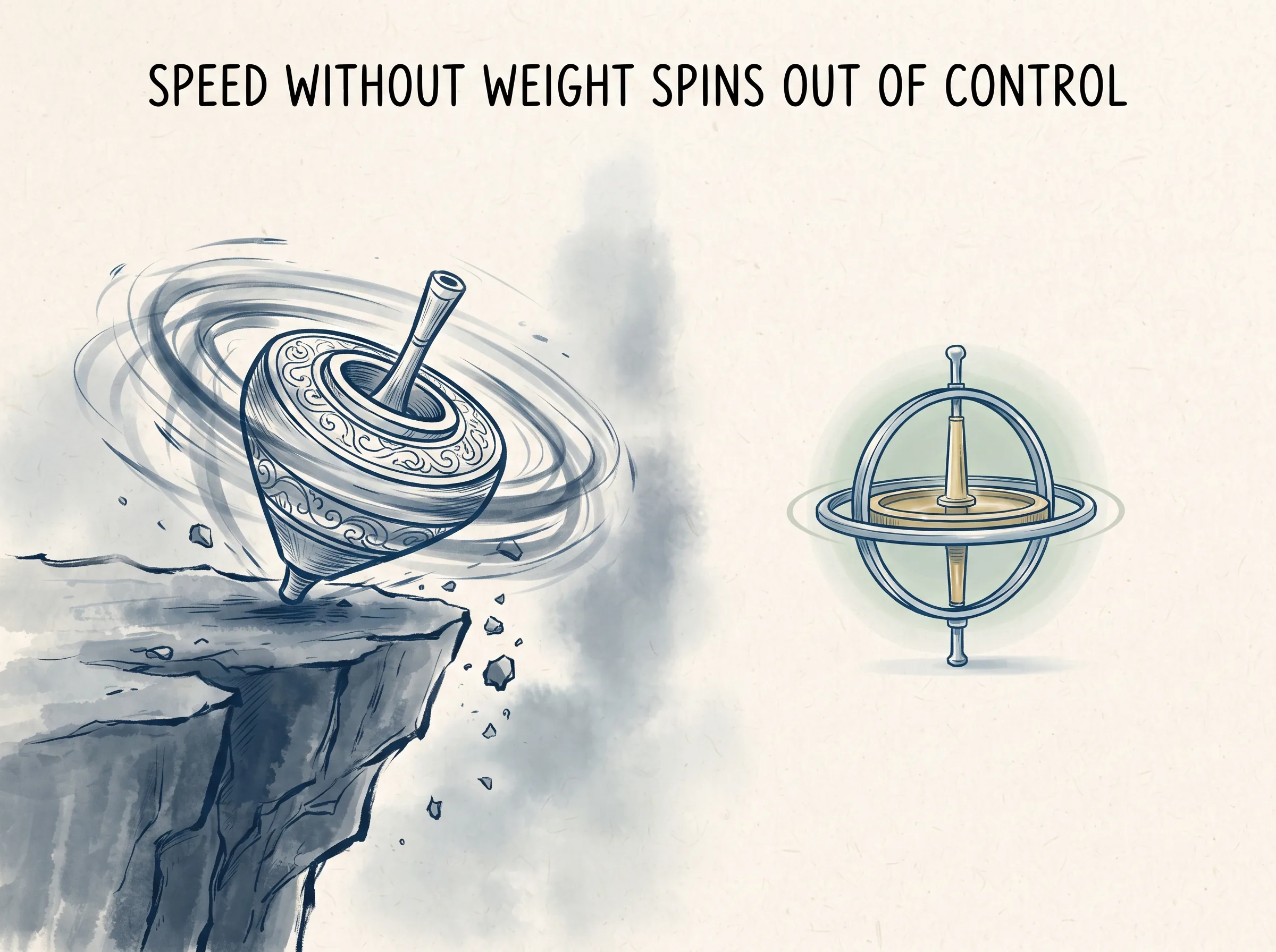 SPEED WITHOUT WEIGHT SPINS OUT OF CONTROL in contemporary literati Chinese ink cartoon style with Prussian blue ink wash, sage green accents, and Xuan paper negative space, illustrating 轻浮失根本急躁失君主：高速旋转的陀螺如果中心轴沉重则稳如磐石，如果中心轻飘浮躁，转得越快越会剧烈摇晃偏离轨迹, embodying 在 '## The Trap of Moving Too Fast' 核心论述段落后 on ChiDestiny