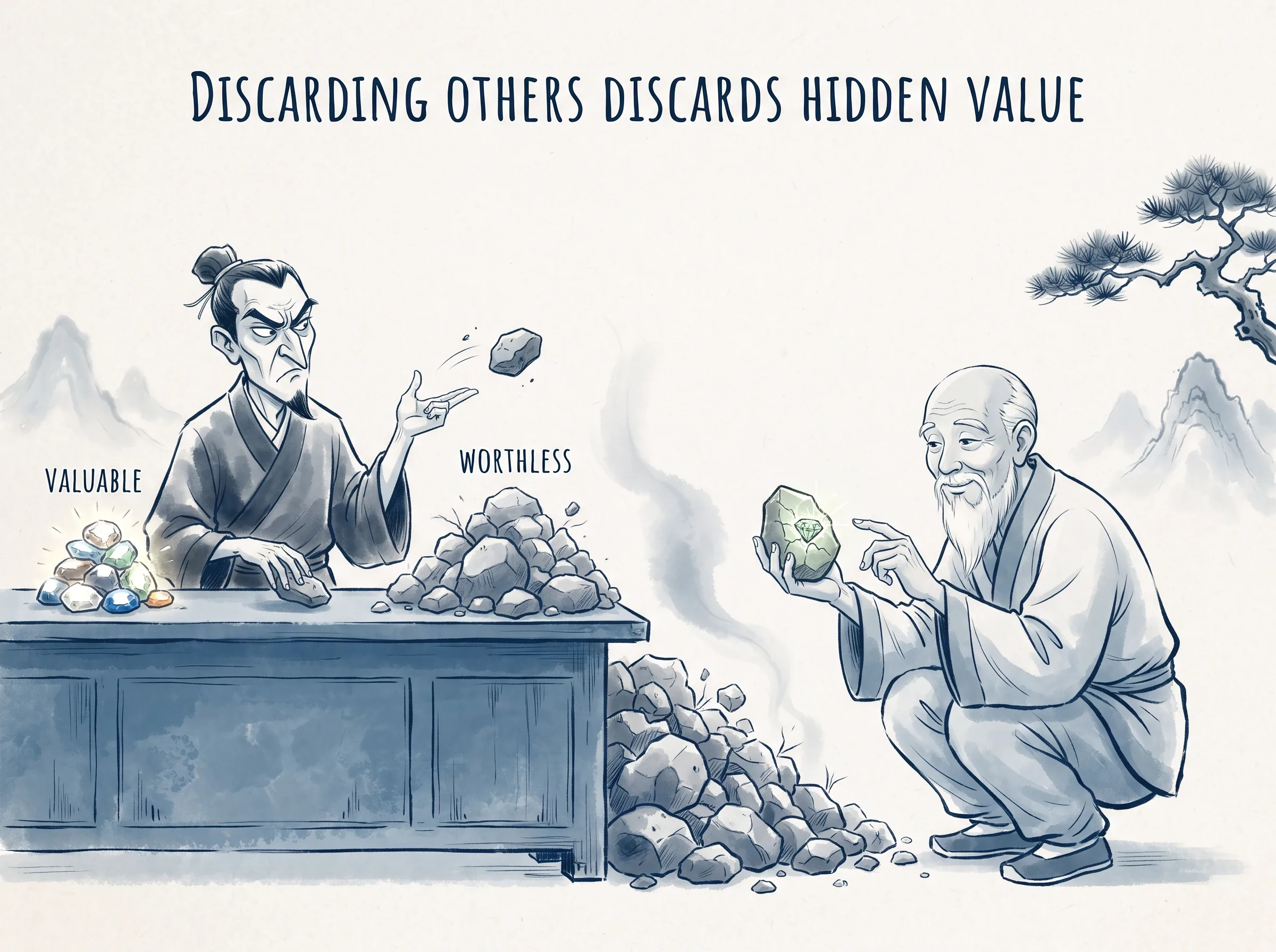 DISCARDING OTHERS DISCARDS HIDDEN VALUE in contemporary literati Chinese ink cartoon style with Prussian blue ink wash, sage green accents, and Xuan paper negative space, illustrating 功利主义的标签之筛:冷酷的管理者手持分类筛子,把人粗暴地筛选贴上'有用'或'无用'的标签丢弃,却不知被丢弃的顽石正是未来的基石, embodying 在 '## The First Question We Ask Is Usually the Wrong One' 核心论述段落后 on ChiDestiny