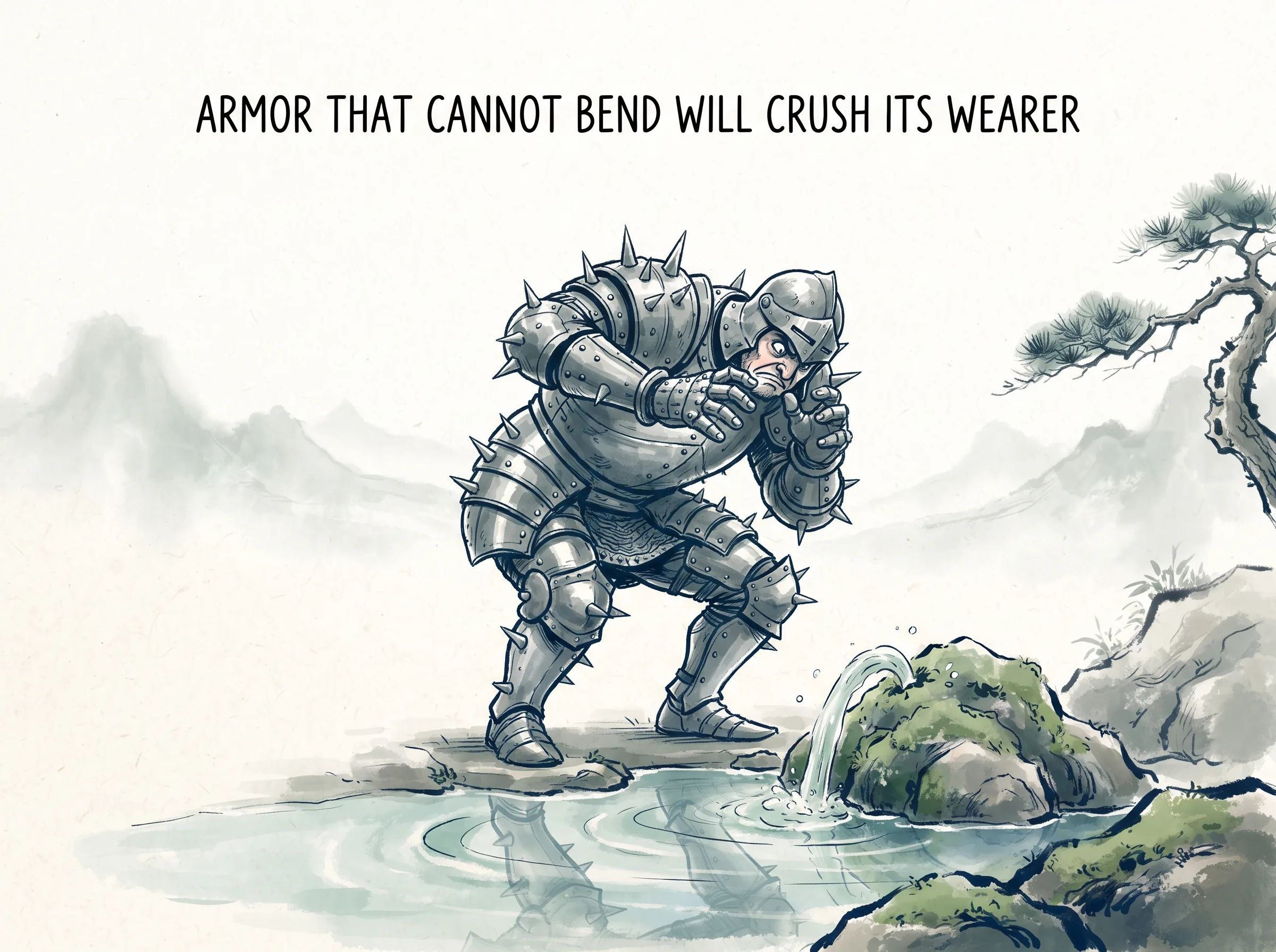 ARMOR THAT CANNOT BEND WILL CRUSH ITS WEARER in contemporary literati Chinese ink cartoon style with Prussian blue ink wash, sage green accents, and Xuan paper negative space, illustrating 单一片面的刚硬困境：披挂沉重尖锐钢甲的武士虽然坚固，却无法弯腰饮水亦无法拥抱孩子，坚硬的刚强变成了隔绝温情的牢笼, embodying 在 '## The Trap of Becoming One Function' 核心论述段落后 on ChiDestiny